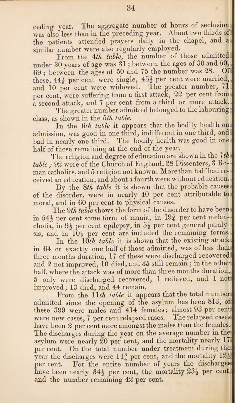 ceding year. The aggregate number of hours of seclusion was also less than in the preceding year. About two thirds of the patients attended prayers daily in the chapel, and a similar number were also regularly employed. From the 4th table, the number of those admitted under 30 years of age was 31; between the ages of 30 and 50, 69 ; between the ages of 50 and 75 the number was 28. . Of these, 441 per cent were single, 45J per cent were married, aud 10 per cent were widowed. The greater number, 71 per cent, were suffering from a first attack, 22 per cent from a second attack, and 7 per cent from a third or more attack. The greater number admitted belonged to the labouring class, as shown in the 5th table. In the Qth table it appears that the bodily health on admission, was good in one third, indifferent in one third, and bad in nearly one third. The bodily health was good in one half of those remaining at the end of the year. The religion and degree of education are shown in the i th table ; 92 were of the Church of England, 28 Dissenters, 3 Ho¬ man catholics, and 5 religion not known. More than half had re¬ ceived an education, and about a fourth were without education. By the 8th table it is shown that the probable causes!- of the disorder, were in nearly 40 per cent attributable to moral, and in 60 per cent to physical causes. The 9th table shows the form of the disorder to have been in 54J per cent some form of mania, in 19f per cent melan¬ cholia, in 9| per cent epilepsy, in 5| per cent general paraly¬ sis, and in 10| per cent are included the remaining forms., In the 10th table it is shown that the existing attack in 64 or exactly one half of those admitted, was of less than three months duration, 17 of these were discharged recovered and 2 not improved, 10 died, and 35 still remain ; in the other half, where the attack was of more than three months duration, 5 only were discharged recovered, 1 relieved, and 1 not improved; 13 died, and 44 remain. From the 1 \th table it appears that the total number admitted since the opening of the asylum has been 813, o! these 399 were males and 414 females; almost 93 per cent were new cases, 7 per cent relapsed cases. The relapsed cases have been 2 per cent more amongst the males than the females. The discharges during the year on the average number in the asylum were nearly 20 per cent, and the mortality nearly 17 per cent. On the total number under treatment during the year the discharges were 14§ per cent, and the mortality 12|j per cent. For the entire number of years the discharges have been nearly 34J per cent, the mortality 23\ per cent and the number remaining 42 per cent.