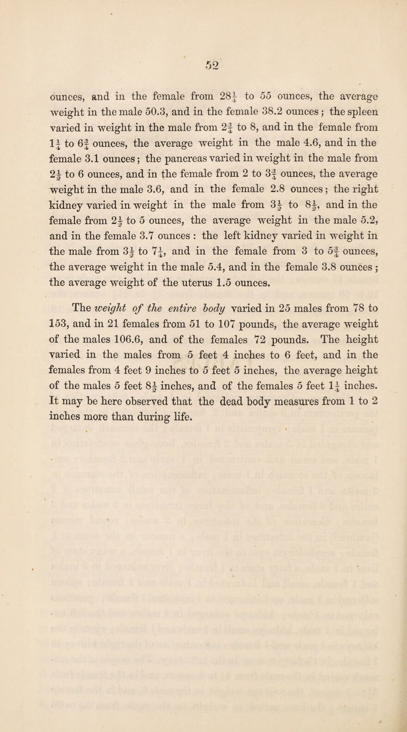 ounces, and in the female from 28- to 55 ounces, the average weight in the male 50.3, and in the female 38.2 ounces ; the spleen varied in weight in the male from 2f to 8, and in the female from to 6f ounces, the average weight in the male 4.6, and in the female 3.1 ounces; the pancreas varied in weight in the male from 2f to 6 ounces, and in the female from 2 to 3f ounces, the average weight in the male 3.6, and in the female 2.8 ounces; the right kidney varied in weight in the male from 3~ to 8|, and in the female from 2| to 5 ounces, the average weight in the male 5.2, and in the female 3.7 ounces : the left kidney varied in weight in the male from 3J to 7|, and in the female from 3 to 5§ ounces, the average weight in the male 5.4, and in the female 3.8 ounces ; the average weight of the uterus 1.5 ounces. The weight of the entire body varied in 25 males from 78 to 153, and in 21 females from 51 to 107 pounds, the average weight of the males 106.6, and of the females 72 pounds. The height varied in the males from 5 feet 4 inches to 6 feet, and in the females from 4 feet 9 inches to 5 feet 5 inches, the average height of the males 5 feet 8| inches, and of the females 5 feet 1 ~ inches. It may he here observed that the dead body measures from 1 to 2 inches more than during life.