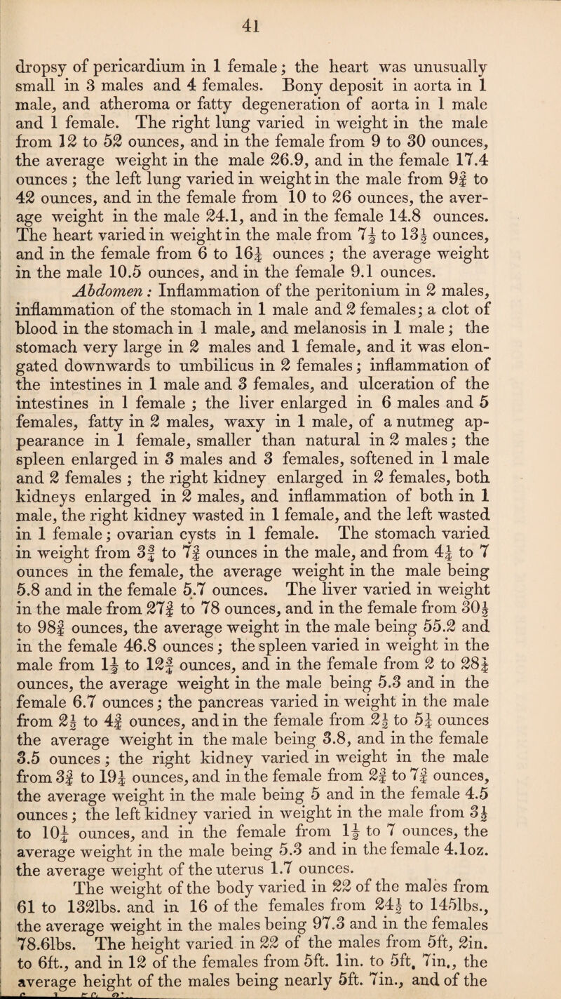dropsy of pericardium in 1 female; the heart was unusually small in 3 males and 4 females. Bony deposit in aorta in 1 male, and atheroma or fatty degeneration of aorta in 1 male and 1 female. The right lung varied in weight in the male from 12 to 52 ounces, and in the female from 9 to 30 ounces, the average weight in the male 26.9, and in the female 17.4 ounces ; the left lung varied in weight in the male from 9f to 42 ounces, and in the female from 10 to 26 ounces, the aver¬ age weight in the male 24.1, and in the female 14.8 ounces. The heart varied in weight in the male from 7^ to 13 \ ounces, and in the female from 6 to 16 J ounces ; the average weight in the male 10.5 ounces, and in the female 9.1 ounces. Abdomen: Inflammation of the peritonium in 2 males, inflammation of the stomach in 1 male and 2 females; a clot of blood in the stomach in 1 male, and melanosis in 1 male; the stomach very large in 2 males and 1 female, and it was elon¬ gated downwards to umbilicus in 2 females; inflammation of the intestines in 1 male and 3 females, and ulceration of the intestines in 1 female ; the liver enlarged in 6 males and 5 females, fatty in 2 males, waxy in 1 male, of a nutmeg ap¬ pearance in 1 female, smaller than natural in 2 males; the spleen enlarged in 3 males and 3 females, softened in 1 male and 2 females ; the right kidney enlarged in 2 females, both kidneys enlarged in 2 males, and inflammation of both in 1 male, the right kidney wasted in 1 female, and the left wasted in 1 female; ovarian cysts in 1 female. The stomach varied in weight from 3f to 7J ounces in the male, and from 4| to 7 ounces in the female, the average weight in the male being 5.8 and in the female 5.7 ounces. The liver varied in weight in the male from 27f to 78 ounces, and in the female from 30 J to 98J ounces, the average weight in the male being 55.2 and in the female 46.8 ounces; the spleen varied in weight in the male from 1J to 12f ounces, and in the female from 2 to 28J ounces, the average weight in the male being 5.3 and in the female 6.7 ounces; the pancreas varied in weight in the male from 2J to 4f ounces, and in the female from 2| to 5J ounces the average weight in the male being 3.8, and in the female 3.5 ounces; the right kidney varied in weight in the male from 3f to 19J ounces, and in the female from 2f to 7j ounces, the average weight in the male being 5 and in the female 4.5 ounces; the left kidney varied in weight in the male from 3J to 101 ounces, and in the female from to 7 ounces, the average weight in the male being 5.3 and in the female 4.1oz. the average weight of the uterus 1.7 ounces. The weight of the body varied in 22 of the males from 61 to 1321bs. and in 16 of the females from 24 J to 1451bs., the average weight in the males being 97.3 and in the females 78.61bs. The height varied in 22 of the males from 5ft, 2in. to 6ft., and in 12 of the females from 5ft. lin. to 5ft, 7in., the average height of the males being nearly 5ft. 7in., and of the 1 ^ aL.