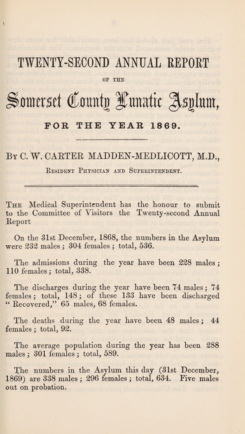 OE THE Somerset Cmmtg Ijimtic FOR THE YEAR 1869. By C. W. CARTER MADDEN-MEDLICOTT, M.D., Resident Physician and Superintendent. The Medical Superintendent has the honour to submit to the Committee of Visitors the Twenty-second Annual Report On the 31st December, 1868, the numbers in the Asylum were £3£ males ; 304 females ; total, 536. The admissions during the year have been 22S males ; 110 females ; total, 338. The discharges during the year have been 74 males; 74 females; total, 148; of these 133 have been discharged “ Recovered,” 65 males, 68 females. The deaths during the year have been 48 males; 44 females; total, 92. The average population during the year has been £88 males ; 301 females ; total, 589. The numbers in the Asylum this day (31st December, 1869) are 338 males ; £96 females ; total, 634. Five males out on probation.