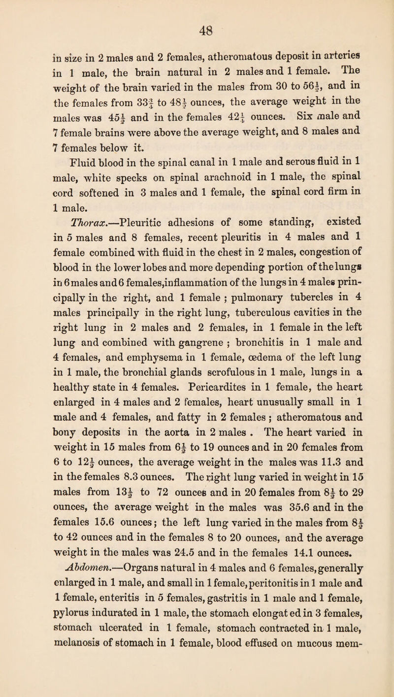in size in 2 males and 2 females, atheromatous deposit in arteries in 1 male, the brain natural in 2 males and 1 female. The weight of the brain varied in the males from 30 to 56§, and in the females from 33f to 481 ounces, the average weight in the males was 45| and in the females 42| ounces. Six male and 7 female brains were above the average weight, and 8 males and 7 females below it. Fluid blood in the spinal canal in 1 male and serous fluid in 1 male, white specks on spinal arachnoid in 1 male, the spinal cord softened in 3 males and 1 female, the spinal cord firm in 1 male. Thorax.—Pleuritic adhesions of some standing, existed in 5 males and 8 females, recent pleuritis in 4 males and 1 female combined with fluid in the chest in 2 males, congestion of blood in the lower lobes and more depending portion of the lungs in 6males and6 females,inflammation of the lungs in 4 males prin¬ cipally in the right, and 1 female ; pulmonary tubercles in 4 males principally in the right lung, tuberculous cavities in the right lung in 2 males and 2 females, in 1 female in the left lung and combined with gangrene ; bronchitis in 1 male and 4 females, and emphysema in 1 female, oedema of the left lung in 1 male, the bronchial glands scrofulous in 1 male, lungs in a healthy state in 4 females. Pericardites in 1 female, the heart enlarged in 4 males and 2 females, heart unusually small in 1 male and 4 females, and fatty in 2 females ; atheromatous and bony deposits in the aorta in 2 males . The heart varied in weight in 15 males from 6f to 19 ounces and in 20 females from 6 to 12| ounces, the average weight in the males was 11.3 and in the females 8.3 ounces. The right lung varied in weight in 15 males from 13f to 72 ounces and in 20 females from 8 § to 29 ounces, the average weight in the males was 35.6 and in the females 15.6 ounces; the left lung varied in the males from 8§ to 42 ounces and in the females 8 to 20 ounces, and the average weight in the males was 24.5 and in the females 14.1 ounces. Abdomen.—Organs natural in 4 males and 6 females, generally enlarged in 1 male, and small in 1 female, peritonitis in 1 male and 1 female, enteritis in 5 females, gastritis in 1 male and 1 female, pylorus indurated in 1 male, the stomach elongat ed in 3 females, stomach ulcerated in 1 female, stomach contracted in 1 male, melanosis of stomach in 1 female, blood effused on mucous mem-