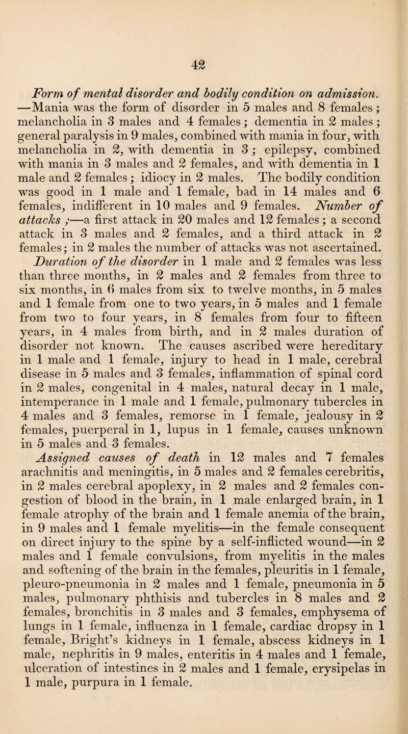 Form of mental disorder and bodily condition on admission. -—Mania was the form of disorder in 5 males and 8 females; melancholia in 3 males and 4 females; dementia in 2 males; general paralysis in 9 males, combined with mania in four, with melancholia in 2, with dementia in 8 ; epilepsy, combined with mania in 3 males and 2 females, and with dementia in 1 male and 2 females; idiocy in 2 males. The bodily condition was good in 1 male and 1 female, bad in 14 males and 6 females, indifferent in 10 males and 9 females. Number attacks ;—a first attack in 20 males and \2 females; a second attack in 3 males and 2 females, and a third attack in 2 females; in 2 males the number of attacks was not ascertained. Duration of the disorder in 1 male and 2 females was less than three months, in 2 males and 2 females from three to six months, in 0 males from six to twelve months, in 5 males and 1 female from one to two years, in 5 males and 1 female from two to four years, in 8 females from four to fifteen years, in 4 males from birth, and in 2 males duration of disorder not known. The causes ascribed were hereditary in 1 male and 1 female, injury to head in 1 male, cerebral disease in 5 males and 3 females, inflammation of spinal cord in 2 males, congenital in 4 males, natural decay in 1 male, intemperance in 1 male and 1 female, pulmonary tubercles in 4 males and 3 females, remorse in 1 female, jealousy in 2 females, puerperal in 1, lupus in 1 female, causes unknown in 5 males and 3 females. Assigned causes of death in \2 males and 7 females arachnitis and meningitis, in 5 males and 2 females cerebritis, in 2 males cerebral apoplexy, in 2 males and 2 females con¬ gestion of blood in the brain, in 1 male enlarged brain, in 1 female atrophy of the brain and 1 female anemia of the brain, in 9 males and 1 female myelitis—in the female consequent on direct injury to the spine by a self-inflicted wound—in 2 males and 1 female convulsions, from myelitis in the males and softening of the brain in the females, pleuritis in 1 female, pleuro-pneumonia in 2 males and 1 female, pneumonia in 5 males, pulmonary phthisis and tubercles in 8 males and 2 females, bronchitis in 3 males and 3 females, emphysema of lungs in 1 female, influenza in 1 female, cardiac dropsy in 1 female, Bright’s kidneys in 1 female, abscess kidneys in 1 male, nephritis in 9 males, enteritis in 4 males and 1 female, ulceration of intestines in 2 males and 1 female, erysipelas in 1 male, purpura in 1 female.