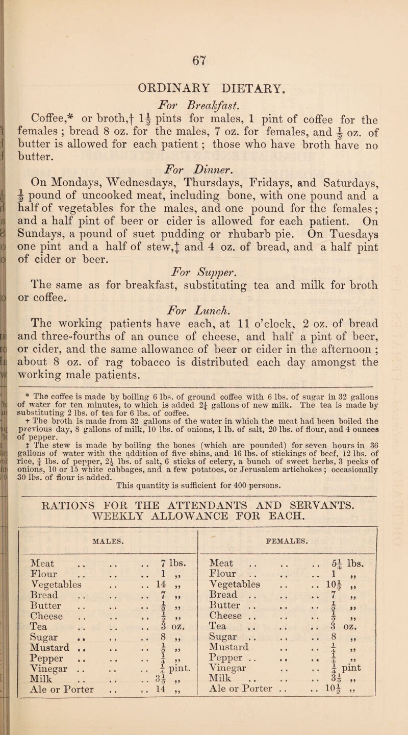 ORDINARY DIETARY. For Breakfast. Coffee,* or broth,f \\ pints for males, 1 pint of coffee for the 1 females ; bread 8 oz. for the males, 7 oz. for females, and T oz. of butter is allowed for each patient; those who have broth have no butter. For Dinner. On Mondays, Wednesdays, Thursdays, Fridays, and Saturdays, \ pound of uncooked meat, including bone, with one pound and a d half of vegetables for the males, and one pound for the females; b and a half pint of beer or cider is allowed for each patient. On | Sundays, a pound of suet pudding or rhubarb pie. On Tuesdays o one pint and a half of stew,J and 4 oz. of bread, and a half pint o of cider or beer. For Supper. The same as for breakfast, substituting tea and milk for broth :g or coffee. For Lunch. The working patients have each, at 11 o’clock, 2 oz. of bread til and three-fourths of an ounce of cheese, and half a pint of beer, to or cider, and the same allowance of beer or cider in the afternoon ; h about 8 oz. of rag tobacco is distributed each day amongst the v? working male patients. * The coffee is made by boiling 6 lbs. of ground coffee with 6 lbs. of sugar in 32 gallons lx of water for ten minutes, to which is added 2^ gallons of new milk. The tea is made by xjj substituting 2 lbs. of tea for 6 lbs. of coffee. t The broth is made from 32 gallons of the water in which the meat had been boiled the u previous day, 8 gallons of milk, 10 lbs. of onions, 1 lb. of salt, 20 lbs. of flour, and 4 ounces jf of pepper. ? The stew is made by boiling the bones (which are pounded) for seven hours in 36 bp gallons of water with the addition of five shins, and 16 lbs. of stickings of beef, 12 lbs. of ©I rice, | lbs. of pepper, 2| lbs. of salt, 6 sticks of celery, a bunch of sweet herbs, 3 pecks of iiii onions, 10 or 15 white cabbages, and a few potatoes, or Jerusalem artichokes ; occasionally [ 0; 30 lbs. of flour is added. This quantity is sufficient for 400 persons. RATIONS FOR THE ATTENDANTS AND SERVANTS. WEEKLY ALLOWANCE FOR EACH. MALES. FEMALES. Meat 7 lbs. Meat 51 lbs. Flour .. 1 „ Flour 1 „ Vegetables ..14 „ Vegetables 104 „ Bread .. 7 „ Bread .. 7 „ Butter i • • 2 >> Butter .. 1 2 *> Cheese 1 • • Q ” Cheese .. 1 Q 99 Tea .. 3 oz. Tea 3 oz. Sugar ,, .. 8 „ Sugar 8 „ Mustard .. 1 • • o 19 Mustard 1 4 99 Pepper i • • 4 99 Pepper .. • 8 t • 1 4 ” Vinegar .. .. I pint. Vinegar l Pint Milk ..34 „ Milk 34 „ Ale or Porter .. 14 „ Ale or Porter 104 »