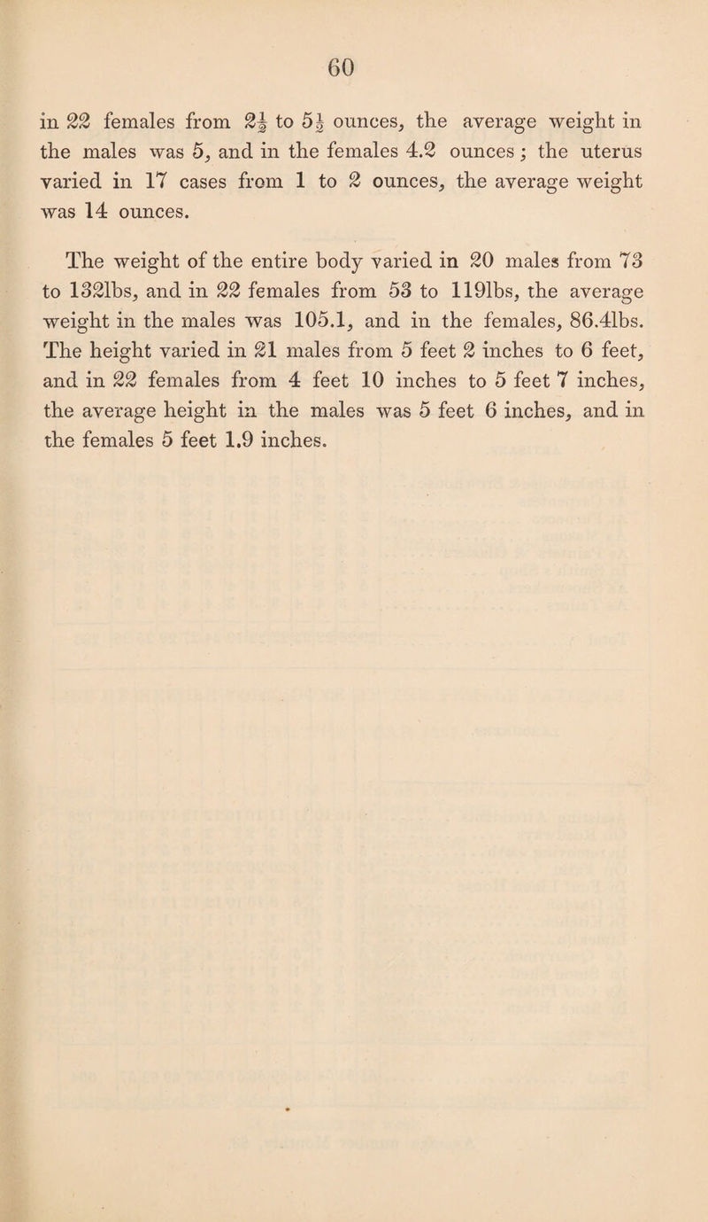 60 in females from to 5J ounces, the average weight in the males was 5, and in the females 4.2 ounces; the uterus varied in 17 cases from 1 to ^ ounces, the average weight was 14 ounces. The weight of the entire body varied in 20 males from 73 to 1321hs, and in 22 females from 53 to llOlbs, the average weight in the males was 105.1, and in the females, 86.41bs. The height varied in 21 males from 5 feet 2 inches to 6 feet, and in 22 females from 4 feet 10 inches to 5 feet 7 inches, the average height in the males was 5 feet 6 inches, and in