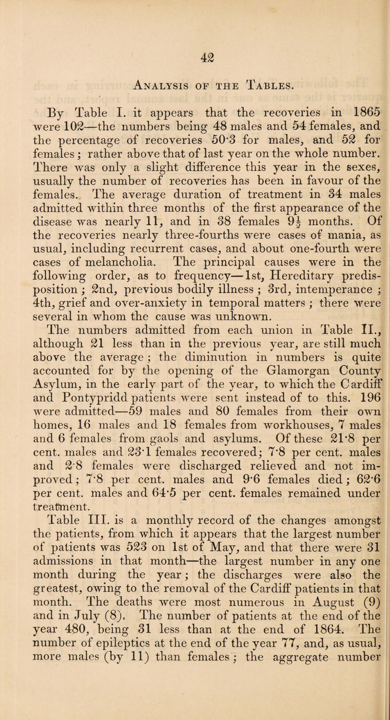 Analysis of the Tables. By Table I. it appears that the recoveries in 1865 were 102—the numbers being 48 males and 54 females, and the percentage of recoveries 50’3 for males, and 52 for females ; rather above that of last year on the whole number. There was only a slight difference this year in the sexes, usually the number of recoveries has been in favour of the females. The average duration of treatment in 34 males admitted within three months of the first appearance of the disease was nearly 11, and in 38 females 9J months. Of the recoveries nearly three-fourths were cases of mania, as usual, including recurrent cases, and about one-fourth were cases of melancholia. The principal causes were in the following order, as to frequency—1st, Hereditary predis¬ position ; 2nd, previous bodily illness ; 3rd, intemperance ; 4th, grief and over-anxiety in temporal matters ; there were several in whom the cause was unknown. The numbers admitted from each union in Table II., although 21 less than in the previous year, are still much above the average; the diminution in numbers is quite accounted for by the opening of the Glamorgan County Asylum, in the early part of the year, to which the Cardiff and Pontypridd patients were sent instead of to this. 196 were admitted—59 males and 80 females from their own homes, 16 males and 18 females from workhouses, 7 males and 6 females from gaols and asylums. Of these 21*8 per cent, males and 23T females recovered; 7*8 per cent, males and 2*8 females were discharged relieved and not im¬ proved ; 7’8 per cent, males and 9'6 females died; 62*6 per cent, males and 64'5 per cent, females remained under treatment. Table III. is a monthly record of the changes amongst the patients, from which it appears that the largest number of patients was 523 on 1st of May, and that there were 31 admissions in that month—the largest number in any one month during the year; the discharges were also the greatest, owing to the removal of the Cardiff patients in that month. The deaths were most numerous in August (9) and in July (8). The number of patients at the end of the year 480, being 31 less than at the end of 1864. The number of epileptics at the end of the year 77, and, as usual, more males (by 11) than females ; the aggregate number