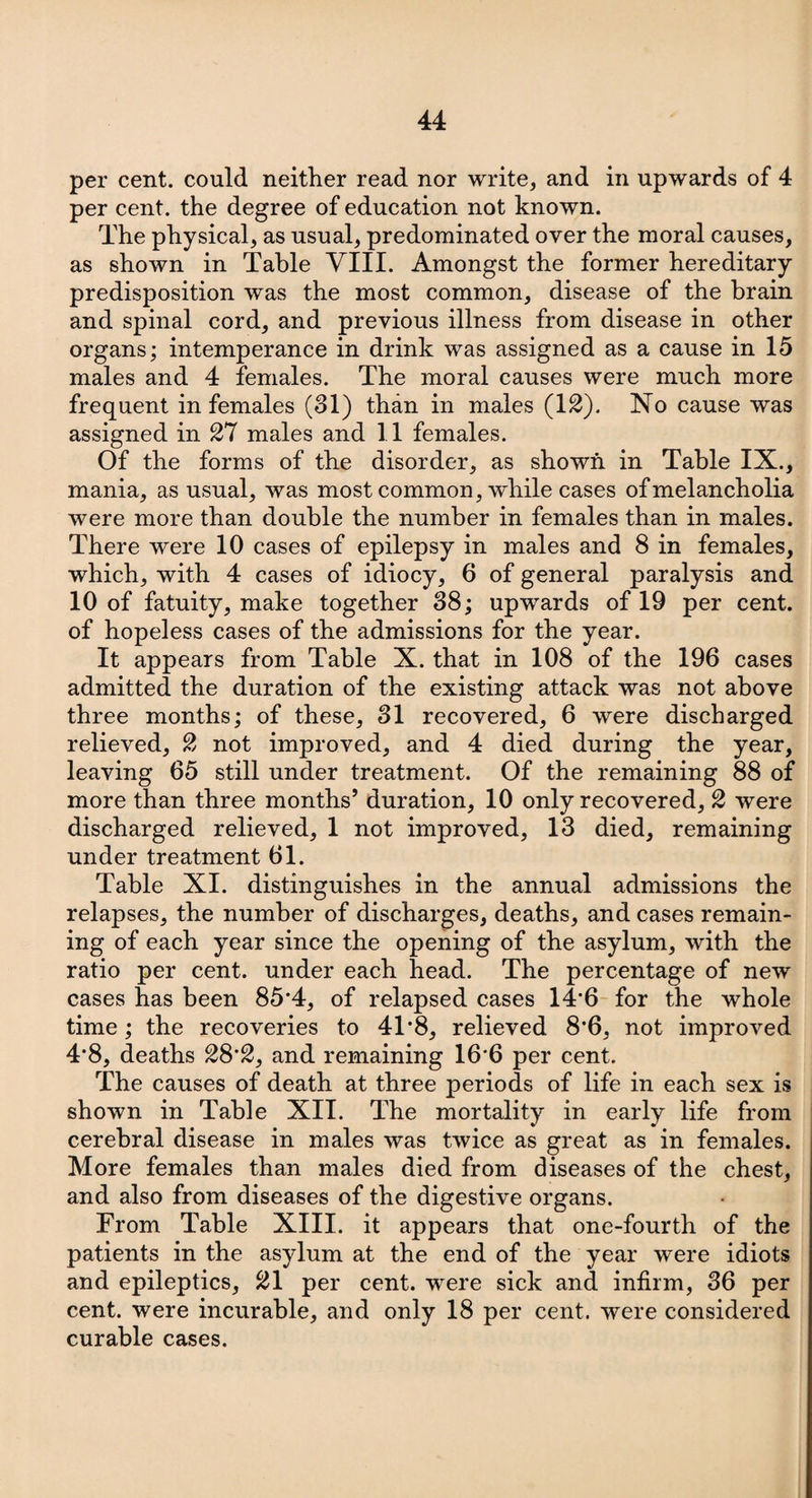per cent, could neither read nor write, and in upwards of 4 per cent, the degree of education not known. The physical, as usual, predominated over the moral causes, as shown in Table VIII. Amongst the former hereditary predisposition was the most common, disease of the brain and spinal cord, and previous illness from disease in other organs; intemperance in drink was assigned as a cause in 15 males and 4 females. The moral causes were much more frequent in females (31) than in males (12). No cause was assigned in 27 males and 11 females. Of the forms of the disorder, as shown in Table IX., mania, as usual, was most common, while cases of melancholia were more than double the number in females than in males. There were 10 cases of epilepsy in males and 8 in females, which, with 4 cases of idiocy, 6 of general paralysis and 10 of fatuity, make together 38; upwards of 19 per cent, of hopeless cases of the admissions for the year. It appears from Table X. that in 108 of the 196 cases admitted the duration of the existing attack was not above three months; of these, 31 recovered, 6 were discharged relieved, 2 not improved, and 4 died during the year, leaving 65 still under treatment. Of the remaining 88 of more than three months’ duration, 10 only recovered, 2 were discharged relieved, 1 not improved, 13 died, remaining under treatment 61. Table XI. distinguishes in the annual admissions the relapses, the number of discharges, deaths, and cases remain¬ ing of each year since the opening of the asylum, with the ratio per cent, under each head. The percentage of new cases has been 85*4, of relapsed cases 14*6 for the whole time; the recoveries to 41*8, relieved 8'6, not improved 4*8, deaths 28*2, and remaining 16*6 per cent. The causes of death at three periods of life in each sex is shown in Table XII. The mortality in early life from cerebral disease in males was twice as great as in females. More females than males died from diseases of the chest, and also from diseases of the digestive organs. From Table XIII. it appears that one-fourth of the patients in the asylum at the end of the year were idiots and epileptics, 21 per cent, -were sick and infirm, 36 per cent, were incurable, and only 18 per cent, were considered curable cases.