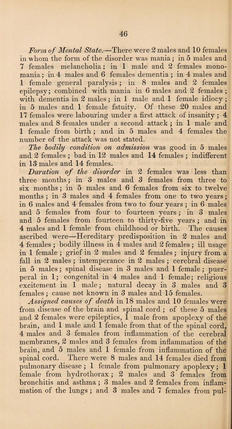 Form of Mental State.—There were 2 males and 10 females in whom the form of the disorder was mania; in 5 males and 7 females melancholia; in 1 male and 2 females mono¬ mania ; in 4 males and 6 females dementia; in 4 males and 1 female general paralysis; in 8 males and 2 females epilepsy; combined with mania in 6 males and 2 females ; wdth dementia in 2 males; in 1 male and 1 female idiocy; in 5 males and 1 female fatuity. Of these 20 males and 17 females were labouring under a first attack of insanity ; 4 males and 8 females under a second attack ; in 1 male and 1 female from birth; and in 5 males and 4 females the number of the attack was not stated. The bodily condition on admission was good in 5 males and 2 females ; bad in 12 males and 14 females ; indifferent in 13 males and 14 females. Duration of the disorder in 2 females was less than three months; in 3 males and 3 females from three to six months; in 5 males and 6 females from six to twelve months ; in 3 males and 4 females from one to two years; in 6 males and 4 females from two to four years ; in 6 males and 5 females from four to fourteen years; in 3 males and 5 females from fourteen to thirty-five years ; and in 4 males and 1 female from childhood or birth. The causes ascribed were—Hereditary predisposition in 2 males and 4 females ; bodily illness in 4 males and 2 females; ill usage in 1 female ; grief in 2 males and 2 females; injury from a fall in 2 males ; intemperance in 2 males ; cerebral disease in 5 males; spinal disease in 3 males and 1 female; puer¬ peral in 1; congenital in 4 males and 1 female; religious excitement in 1 male; natural decay in 3 males and 3 females; cause not known in 3 males and 15 females. Assigned causes of death in 18 males and 10 females were from disease of the brain and spinal cord ; of these 5 males and 2 females were epileptics, 1 male from apoplexy of the brain, and 1 male and 1 female from that of the spinal cord, 4 males and 3 females from inflammation of the cerebral membranes, 2 males and 3 females from inflammation of the brain, and 5 males and 1 female from inflammation of the spinal cord. There were 8 males and 14 females died from pulmonary disease ; 1 female from pulmonary apoplexy; 1 female from hydrothorax; 2 males and 3 females from bronchitis and asthma; 3 males and 2 females from inflam¬ mation of the lungs ; and 3 males and 7 females from pul-