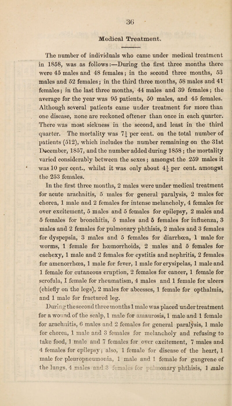 Medical Treatment. The number of individuals who came under medical treatment in 1858, was as follows:—During the first three months there were 45 males and 48 females; in the second three months, 53 males and 52 females; in the third three months, 58 males and 41 females; in the last three months, 44 males and 39 females; the average for the year was 95 patients, 50 males, and 45 females. Although several patients came under treatment for more than one disease, none are reckoned oftener than once in each quarter. There was most sickness in the second, and least in the third quarter. The mortality was 7| per cent, on the total number of patients (512), which includes the number remaining on the 31st December, 1857, and the number added during 1858 ; the mortality varied considerably between the sexes ; amongst the 259 males it was 10 per cent., whilst it was only about per cent, amongst the 253 females. In the first three months, 2 males were under medical treatment for acute arachnitis, 5 males for general paralysis, 2 males for chorea, 1 male and 2 females for intense melancholy, 4 females for over excitement, 5 males and 5 females for epilepsy, 2 males and 5 females for bronchitis, 5 males and 5 females for influenza, 3 males and 2 females for pulmonary phthisis, 2 males and 3 females for dyspepsia, 3 males and 5 females for diarrhoea, 1 male for worms, 1 female for hoemorrhoids, 2 males and 5 females for cachexy, 1 male and 2 females for cystitis and nephritis, 2 females for amenorrhoea, 1 male for fever, 1 male for erysipelas, 1 male and 1 female for cutaneous eruption, 2 females for cancer, 1 female for scrofula, I female for rheumatism, 4 males and 1 female for ulcers (chiefly on the legs), 2 males for abcesses, 1 female for opthalmia, and 1 male for fractured leg. During the second three months 1 male was placed under treatment for a wound of the scalp, 1 male for amaurosis, 1 male and 1 female for arachnitis, 6 males and 2 females for general paralysis, 1 male for chorea, 1 male and 3 females for melancholy and refusing to take food, 1 male and 7 females for over excitement, 7 males and 4 females for epilepsy; also, 1 female for disease of the heart, 1 male for pleuropneumonia, 1 male and 1 female for gangrene of the lungs, 4 males and 3 females for pulmonary phthisis, 1 male