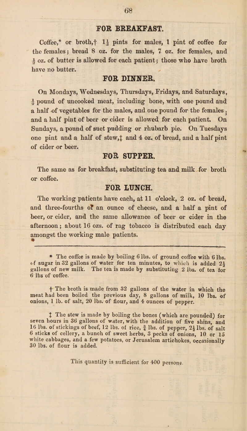 FOE BREAKFAST. Coffee,* or broth,f 1± pints for males, 1 pint of coffee for the females; bread 8 oz. for the males, 7 oz. for females, and f oz. of butter is allowed for each patient; those who have broth have no butter* ✓ FOR DINNER. On Mondays, Wednesdays, Thursdays, Fridays, and Saturdays, \ pound of uncooked meat, including bone, with one pound and a half of vegetables for the males, and one pound for the females . and a half pint of beer or cider is allowed for each patient. On Sundays, a pound of suet pudding or rhubarb pie. On Tuesdays one pint and a half of stew,! and 4 oz. of bread, and a half pint of cider or beer. FOR SUPPER. The same as for breakfast, substituting tea and milk for broth or coffee. FOR LUNCH. The working patients have each, at 11 o’clock, 2 oz. of bread, and three-fourths o? an ounce of cheese, and a half a pint of beer, or cider, and the same allowance of beer or cider in the afternoon; about 16 ozs. of rag tobacco is distributed each day amongst the working male patients. * The coffee is made by boiling 6 lbs. of ground coffee with 6 lbs. of sugar in 32 gallons of water for ten minutes, to which is added 2J gallons of new milk. The tea is made by substituting 2 lbs. of tea for 6 lbs of coffee. f The broth is made from 32 gallons of the water in which the meat had been boiled the previous day, 8 gallons of milk, 10 lbs. of onions, 1 lb. of salt, 20 lbs. of flour, and 4 ounces of pepper. X The stew is made by boiling the bones (which are pounded) for seven hours in 36 gallons of water, with the addition of five shins, and 16 lbs. of stickings of beef, 12 lbs. of rice, f lbs. of pepper, 2^ lbs. of salt 6 sticks of cellery, a bunch of sweet herbs, 3 pecks of onions, 10 or 15 white cabbages, and a few potatoes, or Jerusalem artichokes, occasionally 30 lbs. of flour is added. This quantity is sufficient for 400 persons