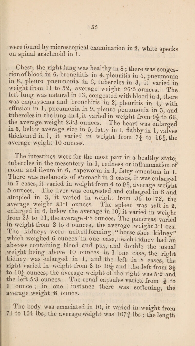 on spinal arachnoid in 1. Chest; the right lung was healthy in 8 ; there was conges¬ tion of blood in 6, bronchitis in 4, pleuritis in 5, pneumonia in 8, pleuro pneumonia in 6, tubercles in 3, it varied in weight from 11 to 52, average weight 26*5 ounces. The left lung was natural in 13, congested with blood in 4, there was emphysema and bronchitis in 2, pleuritis in 4, with effusion in 1, pneumonia in 9, pleuro penumonia in 5, and tubercles in the lung in4,it varied in weight from 9f to 66, the average weight 23*3 ounces. The heart was enlarged in 5, below average size in 5, fatty in 1, flabby in 1, valves thickened in 1, it varied in weight from 7| to 16f,the average weight 10 ounces. The intestines were for the most part in a healthy state; tubercles in the mesentery in 1, redness or inflammation of colon and ileum in 6, tapeworm in 1, fatty omentum in 1. There was melanosis of stomach in 2 cases, it was enlarged in 7 cases, it varied in weight from 4 to 9 J, average weight 6 ounces.. The jiver was congested and enlarged in 6 and atropied in 3, it varied in weight from 36^ to 72, the average weight §3T ounces. The spleen was soft in 2, enlarged in 6, below the average in ] 0, it varied in weight from to 11, the average 4*8 ounces. The pancreas varied in weight from 2 to 4 ounces, the average weight 3 T ozs. The kidneys were united forming ‘‘horseshoe kidney” which weighed 6 ounces in one case, each kidney had an abscess containing blood and pus, and double the usual weight being above 10 ounces in 1 one case, the rio-ht kidney was enlarged in 1, and the left in 8 cases, the right varied in weight from 3 to 1 Q.J- and the left from 3|- to 101 ounces, the average weight of the right was 5*2 and the left 5*3 ounces. The renal capsules varied from | to 3 ounce ; in one instance there was softening the average weight *8 ounce. The body was emaciated in 10, it varied in weight from to 154 lbs, the average weight was 107f lbs ; the length