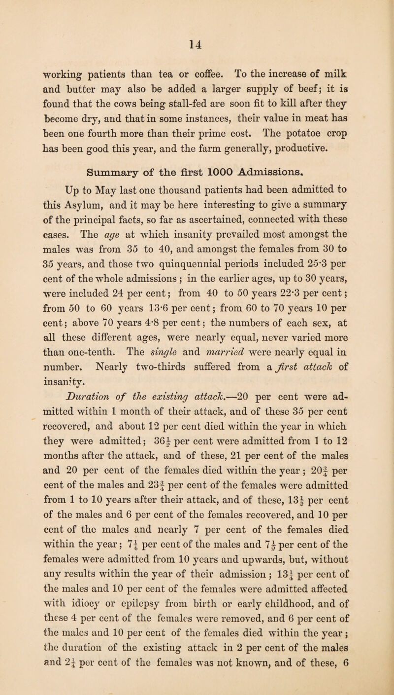 working patients than tea or coffee. To the increase of milk and butter may also be added a larger supply of beef; it is found that the cows being stall-fed are soon fit to kill after they become dry, and that in some instances, their value in meat has been one fourth more than their prime cost. The potatoe crop has been good this year, and the farm generally, productive. Summary of the first 1000 Admissions. Up to May last one thousand patients had been admitted to this Asylum, and it may be here interesting to give a summary of the principal facts, so far as ascertained, connected with these cases. The age at which insanity prevailed most amongst the males was from 35 to 40, and amongst the females from 30 to 35 years, and those two quinquennial periods included 25-3 per cent of the whole admissions ; in the earlier ages, up to 30 years, were included 24 per cent; from 40 to 50 years 22-3 per cent; from 50 to 60 years 13*6 per cent; from 60 to 70 years 10 per cent; above 70 years 4-8 per cent; the numbers of each sex, at all these different ages, were nearly equal, never varied more than one-tenth. The single and married were nearly equal in number. Nearly two-thirds suffered from a first attack of insanity. Duration of the existing attack.—20 per cent were ad¬ mitted within 1 month of their attack, and of these 35 per cent recovered, and about 12 per cent died within the year in which they were admitted; 36| per cent were admitted from 1 to 12 months after the attack, and of these, 21 per cent of the males and 20 per cent of the females died within the year; 20§ per cent of the males and 23f per cent of the females were admitted from 1 to 10 years after then- attack, and of these, 13| per cent of the males and 6 per cent of the females recovered, and 10 per cent of the males and nearly 7 per cent of the females died within the year; 7| per cent of the males and 7| per cent of the females were admitted from 10 years and upwards, but, without any results within the year of their admission ; 13| per cent of the males and 10 per cent of the females were admitted affected with idiocy or epilepsy from birth or early childhood, and of these 4 per cent of the females were removed, and 6 per cent of the males and 10 per cent of the females died within the year ; the duration of the existing attack in 2 per cent of the males and 2~ per cent of the females was not known, and of these, 6