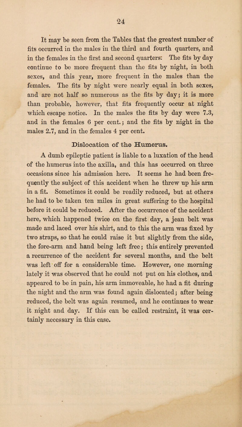 94 It may be seen from tbe Tables that the greatest number of fits occurred in the males in the third and fourth quarters, and in the females in the first and second quarters: The fits by day continue to be more frequent than the fits by night, in both sexes, and this year, more frequent in the males than the females. The fits by night were nearly equal in both sexes, and are not half so numerous as the fits by day; it is more than probable, however, that fits frequently occur at night which escape notice. In the males the fits by day were 7.3, and in the females 6 per cent.; and the fits by night in the males 2.7, and in the females 4 per cent. Dislocation of the Humerus. A dumb epileptic patient is liable to a luxation of the head of the humerus into the axilla, and this has occurred on three occasions since his admission here. It seems he had been fre¬ quently the subject of this accident when he threw up his arm in a fit. Sometimes it could be readily reduced, but at others he had to be taken ten miles in great suffering to the hospital before it could be reduced. After the occurrence of the accident here, which happened twice on the first day, a jean belt was made and laced over his shirt, and to this the arm was fixed by two straps, so that he could raise it but slightly from the side, the fore-arm and hand being left free; this entirely prevented a recurrence of the accident for several months, and the belt was left off for a considerable time. However, one morning lately it was observed that he could not put on his clothes, and appeared to be in pain, his arm immoveable, he had a fit during the night and the arm was found again dislocated; after being reduced, the belt was again resumed, and he continues to wear it night and day. If this can be called restraint, it was cer¬ tainly necessary in this case.