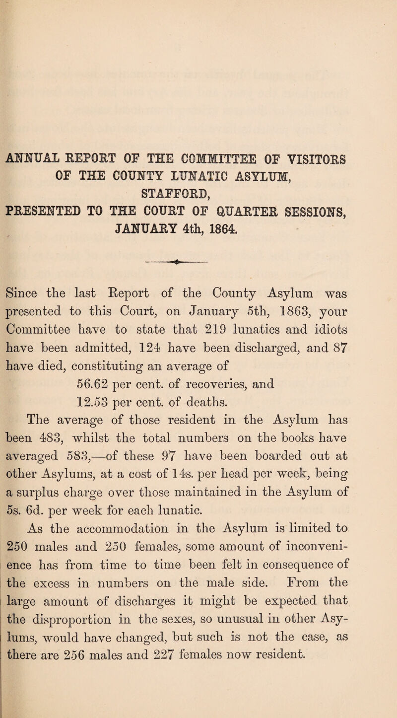 ANNUAL REPORT OF THE COMMITTEE OF VISITORS OF THE COUNTY LUNATIC ASYLUM, STAFFORD, PRESENTED TO THE COURT OF QUARTER SESSIONS, JANUARY 4th, 1864. -+- Since the last Report of the County Asylum was presented to this Court, on January 5th, 1863, your Committee have to state that 213 lunatics and idiots have been admitted, 124 have been discharged, and 87 have died, constituting an average of 56.62 per cent, of recoveries, and 12.53 per cent, of deaths. The average of those resident in the Asylum has been 483, whilst the total numbers on the books have averaged 583,—of these 97 have been boarded out at other Asylums, at a cost of 14s. per head per week, being a surplus charge over those maintained in the Asylum of 5s. 6d. per week for each lunatic. As the accommodation in the Asylum is limited to 250 males and 250 females, some amount of inconveni¬ ence has from time to time been felt in consequence of the excess in numbers on the male side. From the large amount of discharges it might be expected that the disproportion in the sexes, so unusual in other Asy¬ lums, would have changed, but such is not the case, as there are 256 males and 227 females now resident.