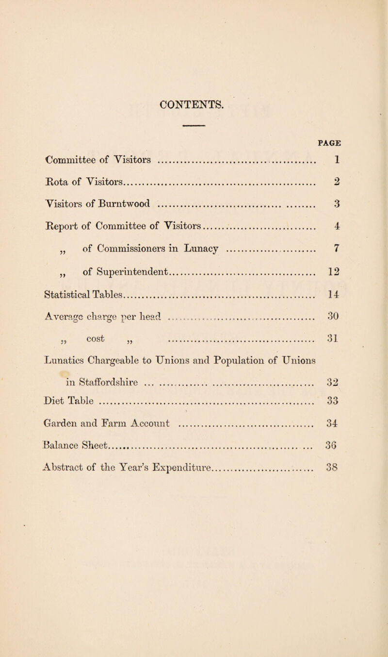 CONTENTS. PAGE Committee of Visitors . 1 Rota of Visitors. 2 Visitors of Burntwood . 3 Report of Committee of Visitors. 4 „ of Commissioners in Lunacy . 7 ,, of Superintendent. 12 Statistical Tables. 14 Average charge per head Lunatics Chargeable to Unions and Population of Unions in Staffordshire . Diet Table . 30 31 32 33 34 36 Garden and Farm Account . Balance Sheet... Abstract of the Year’s Expenditure 38