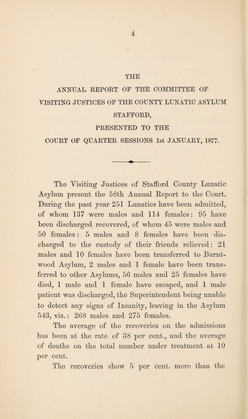 THE ANNUAL REPORT OF THE COMMITTEE OF VISITING JUSTICES OF THE COUNTY LUNATIC ASYLUM STAFFORD, PRESENTED TO THE COURT OF QUARTER SESSIONS 1st JANUARY, 1877. The Visiting Justices of Stafford County Lunatic Asylum present the 58th Annual Keport to the Court. During the past year 251 Lunatics have been admitted, of whom 137 were males and 114 females: 95 have been discharged recovered, of whom 45 were males and 50 females : 5 males and 8 females have been dis¬ charged to the custody of their friends relieved: 21 males and 10 females have been transferred to Burnt- wood Asylum, 2 males and 1 female have been trans¬ ferred to other Asylums, 56 males and 25 females have died, 1 male and 1 female have escaped, and 1 male patient was discharged, the Superintendent being unable to detect any signs of Insanity, leaving in the Asylum 543, viz.: 268 males and 275 females. The average of the recoveries on the admissions has been at the rate of 38 per cent., and the average of deaths on the total number under treatment at 10 per cent. The recoveries show 5 per cent, more than the
