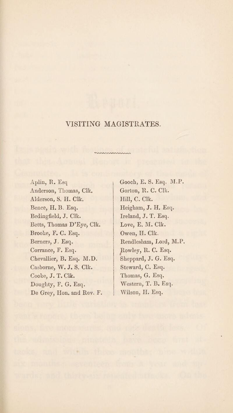 VISITING MAGISTRATES. Aplin, R. Esq Anderson, Thomas, Clk. Alderson, S. H. Clk. Bence, II. B. Esq. Bedingfield, J. Clk. Betts, Thomas D’Eye, Clk. Brooke, F. C. Esq. Berners, J. Esq. Corrance, F. Esq. Chevallier, B. Esq. M.D, Casborne, W. J, S. Clk. Cooke, J. T. Clk. Doughty, F. G. Esq. De Grey, Hon. and Rev. F. Gooch, E. S. Esq. M.P. Gorton, R. C. Clk. Hill, C. Clk. Heigham, J. IT. Esq. Ireland, J. T. Esq. Love, E. M. Clk. Owen, H. Clk. Rendlesham, Lord, M.P. Rowley, R. C. Esq. Sheppard, J. G. Esq. Steward, C. Esq. Thomas, G. Esq. Western, T. B. Esq. Wilson, H. Esq.