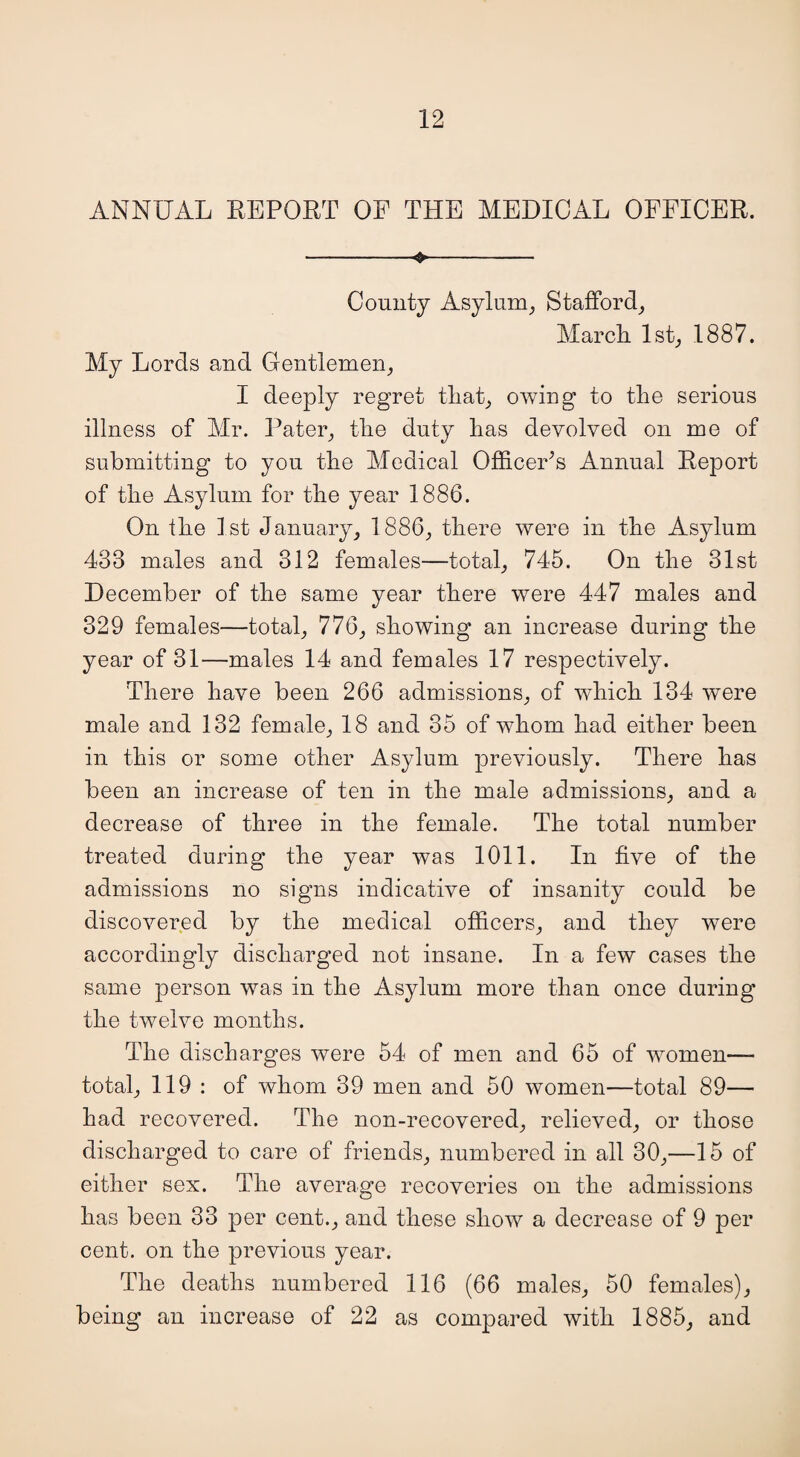 ANNUAL REPORT OF THE MEDICAL OFFICER. —-♦- County Asylum, Stafford, March 1st, 1887. My Lords and Gentlemen, I deeply regret that, owing to the serious illness of Mr. Pater, the duty has devolved on me of submitting to you the Medical Officer's Annual Report of the Asylum for the year 1886. On the 1st January, 1886, there were in the Asylum 433 males and 312 females—total, 745. On the 31st December of the same year there were 447 males and 329 females—total, 776, showing an increase during the year of 31—males 14 and females 17 respectively. There have been 266 admissions, of which 134 were male and 132 female, 18 and 35 of whom had either been in this or some other Asylum previously. There has been an increase of ten in the male admissions, and a decrease of three in the female. The total number treated during the year was 1011. In five of the admissions no signs indicative of insanity could be discovered by the medical officers, and they were accordingly discharged not insane. In a few cases the same person was in the Asylum more than once during the twelve months. The discharges were 54 of men and 65 of women—- total, 119 : of whom 39 men and 50 women—total 89— had recovered. The non-recovered, relieved, or those discharged to care of friends, numbered in all 30,—15 of either sex. The average recoveries on the admissions has been 33 per cent., and these show a decrease of 9 per cent, on the previous year. The deaths numbered 116 (66 males, 50 females), being an increase of 22 as compared with 1885, and