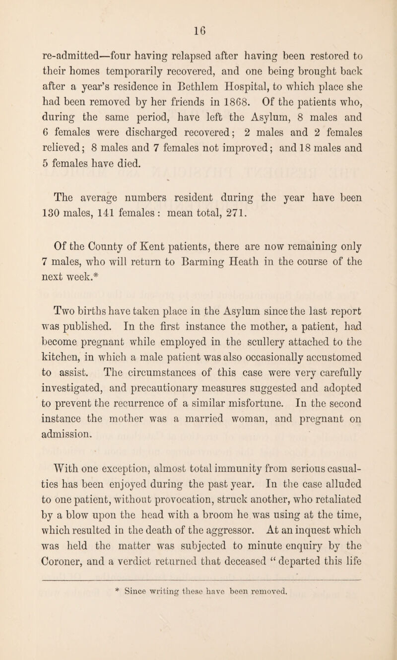 re-admitted—four having relapsed after having been restored to their homes temporarily recovered, and one being brought back after a year’s residence in Bethlem Hospital, to which place she had been removed by her friends in 1868. Of the patients who, during the same period, have left the Asylum, 8 males and 6 females were discharged recovered; 2 males and 2 females relieved; 8 males and 7 females not improved; and 18 males and 5 females have died. The average numbers resident during the year have been 130 males, 141 females : mean total, 271. Of the County of Kent patients, there are now remaining only 7 males, who will return to Barming Heath in the course of the next week.* Two births have taken place in the iVsylum since the last report was published. In the first instance the mother, a patient, had become pregnant while employed in the scullery attached to the kitchen, in which a male patient was also occasionally accustomed to assist. The circumstances of this case were very carefully investigated, and precautionary measures suggested and adopted to prevent the recurrence of a similar misfortune. In the second instance the mother was a married woman, and pregnant on admission. With one exception, almost total immunity from serious casual¬ ties has been enjoyed during the past year. In the case alluded to one patient, without provocation, struck another, who retaliated by a blow upon the head with a broom he was using at the time, which resulted in the death of the aggressor. At an inquest which was held the matter was subjected to minute enquiry by the Coroner, and a verdict returned that deceased u departed this life * Since writing these have been removed.