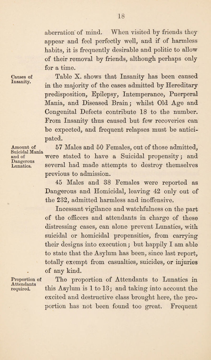 Causes of Insanity. Amount of Suicidal Mania and of Dangerous Lunatics. Proportion of Attendants required. aberration of mind. When visited by friends they appear and feel perfectly well, and if of harmless habits, it is frequently desirable and politic to allow of their removal by friends, although perhaps only for a time. Table X. shows that Insanity has been caused in the majority of the cases admitted by Hereditary predisposition. Epilepsy, Intemperance, Puerperal Mania, and Diseased Brain; whilst Old Age and Congenital Defects contribute 18 to the number. From Insanity thus caused but few recoveries can be expected, and frequent relapses must be antici¬ pated. 57 Males and 50 Females, out of those admitted, were stated to have a Suicidal propensity; and several had made attempts to destroy themselves previous to admission. 45 Males and 38 Females were reported as Dangerous and Homicidal, leaving 42 only out of the 232, admitted harmless and inoffensive. Incessant vigilance and watchfulness on the part of the officers and attendants in charge of these distressing cases, can alone prevent Lunatics, with suicidal or homicidal propensities, from carrying their designs into execution; but happily I am able to state that the Asylum has been, since last report, totally exempt from casualties, suicides, or injuries of any kind. The proportion of Attendants to Lunatics in this Asylum is 1 to 13; and taking into account the excited and destructive class brought here, the pro¬ portion has not been found too great. Frequent