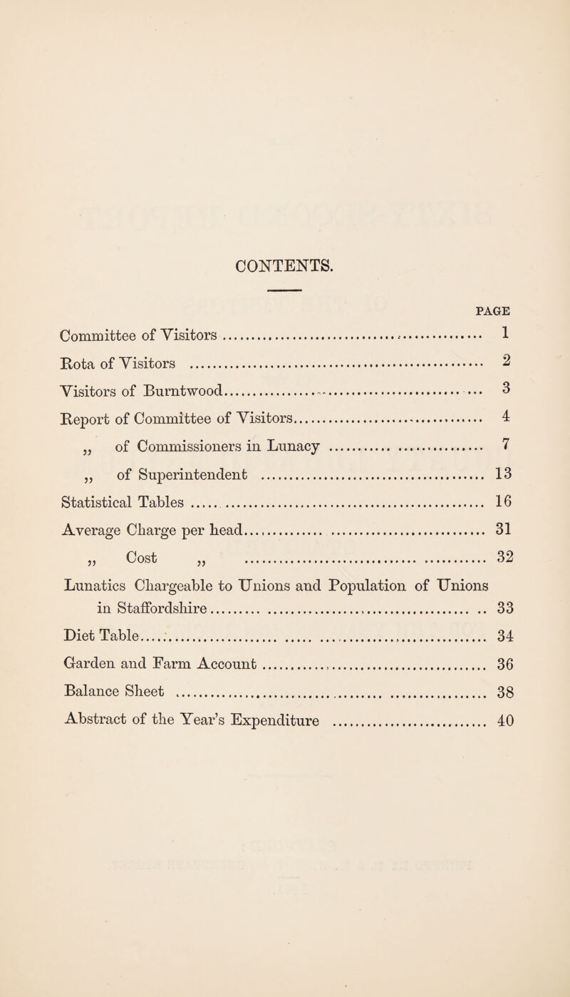 CONTENTS. PAGE Committee of Visitors.*. Kota of Visitors . Visitors of Burntwood.— Keport of Committee of Visitors..... „ of Commissioners in Lunacy . ,, of Superintendent . Statistical Tables. . Average Charge per head. ... „ Cost . Lunatics Chargeable to Unions and Population of Unions in Staffordshire... Diet Table... Garden and Farm Account... Balance Sheet . Abstract of the Year’s Expenditure . 1 2 3 4 7 13 16 31 32 33 34 36 38 40