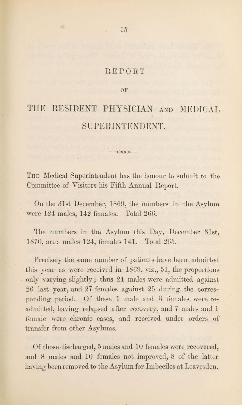 REPORT OF THE RESIDENT PHYSICIAN and MEDICAL SUPERINTENDENT. The Medical Superintendent has the honour to submit to the Committee of Visitors his Fifth Annual Report. On the 31st December, 1869, the numbers in the Asylum were 124 males, 142 females. Total 266. The numbers in the Asylum this Day, December 31st, 1870, are: males 124, females 141. Total 265. Precisely the same number of patients have been admitted this year as were received in 1869, viz., 51, the proportions only varying slightly; thus 24 males were admitted against 26 last year, and 27 females against 25 during the corres¬ ponding period. Of these 1 male and 3 females were re¬ admitted, having relapsed after recovery, and 7 males and 1 female were chronic cases, and received under orders of transfer from other Asylums. Of those discharged, 5 males and 10 females were recovered, and 8 males and 10 females not improved, 8 of the latter having been removed to the Asylum for Imbeciles at Leavesden.