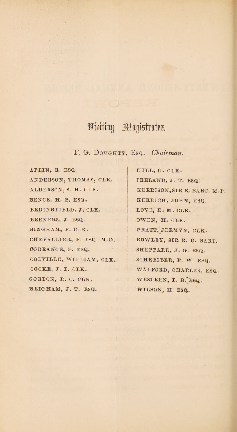 flatting Blngisirntw. F. G. Doughty, Esq. Chairman. APLIN, R. ESQ. ANDERSON, THOMAS, CLK. ALDERSON, S. H. CLK. BENCE. H. B. ESQ. BEDINGFIELD, J. CLK. BERNERS, J. ESQ. BINGHAM, P. CLK. CHEVALLIER, B. ESQ. M.D. CORRANCE, F. ESQ. COLYILLE, WILLIAM, CLK, COOKE, J, T. CLK. GORTON, R. C. CLK. HEIGHAM, J. T. ESQ. HILL, C. CLK. IRELAND, J. T. ESQ. KERRISON,SIR E. BART. M.P. KERRICH, JOHN, ESQ. LOYE, E. M. CLK. OWEN, H. CLK. PRATT, JERMYN, CLK. ROWLEY, SIR R. C. BART. SHEPPARD, J. Ot. ESQ. SCHRE1BER, F, W ESQ. WALFORD, CHARLES, ESQ. WESTERN, T. b/eSQ. WILSON, H. ESQ.