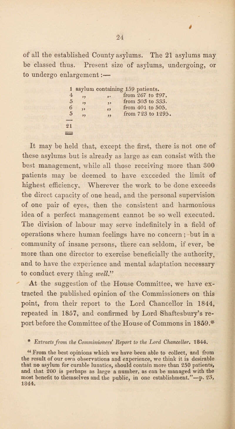 4 of all the established County asylums. The 21 asylums may be classed thus. Present size of asylums, undergoing, or to undergo enlargement- l 4 5 6 5 asylum containing 159 patients. from 267 to 297. from 303 to 333. from 401 to 505. from 723 to 1295. n >7 7* >7 7> • 7 77 It may be held that, except the first, there is not one of these asylums but is already as large as can consist with the best management, while all those receiving more than 300 patients may be deemed to have exceeded the limit of highest efficiency. Wherever the work to be done exceeds the direct capacity of one head, and the personal supervision of one pair of eyes, then the consistent and harmonious idea of a perfect management cannot be so well executed. The division of labour may serve indefinitely in a field of operations where human feelings have no concern; but in a community of insane persons, there can seldom, if ever, be more than one director to exercise beneficially the authority, and to have the experience and mental adaptation necessary to conduct every thing ivell At the suggestion of the House Committee, we have ex¬ tracted the published opinion of the Commissioners on this point, from their report to the Lord Chancellor in 1844, repeated in 1857, and confirmed by Lord Shaftesbury’s re¬ port before the Committee of the House of Commons in 1859.* * Extracts from the Commissioners’ Report to the Lord Chancellor. 1844. u From the best opinions which we have been able to collect, and from the result of our own observations and experience, we think it is desirable that no asylum for curable lunatics, should contain more than 250 patients, and that 200 is perhaps as large a number, as can be managed with the most benefit to themselves and the public, in one establishment.”—p. 23, 1844.