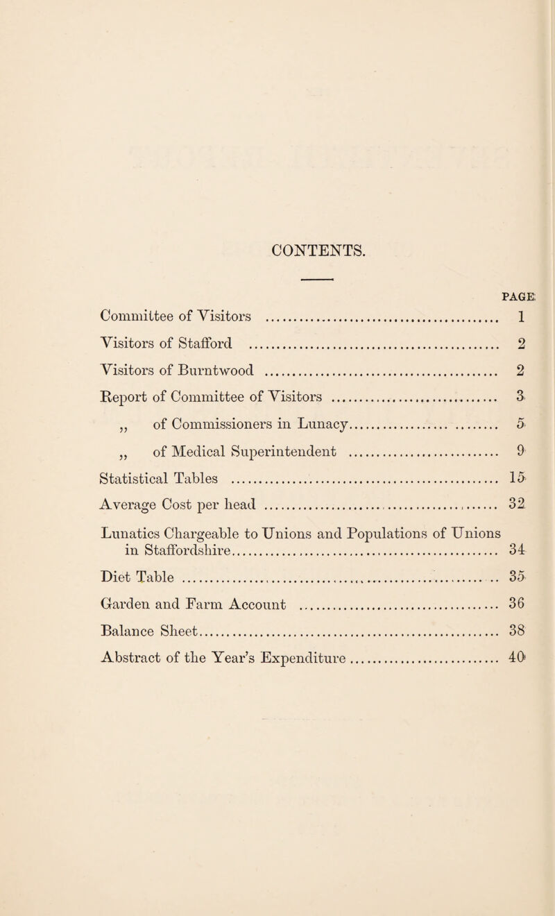 CONTENTS. PAGE Committee of Visitors . 1 Visitors of Stafford . 2 Visitors of Burnt wood . 2 BejDort of Committee of Visitors . 3 „ of Commissioners in Lunacy. 5 „ of Medical Superintendent . 9 Statistical Tables . 15 Average Cost per head . 32 Lunatics Chargeable to Unions and Populations of Unions in Staffordshire. 34 Diet Table . 35 Garden and Farm Account . 36 Balance Sheet. 38 Abstract of the Year’s Expenditure. 40