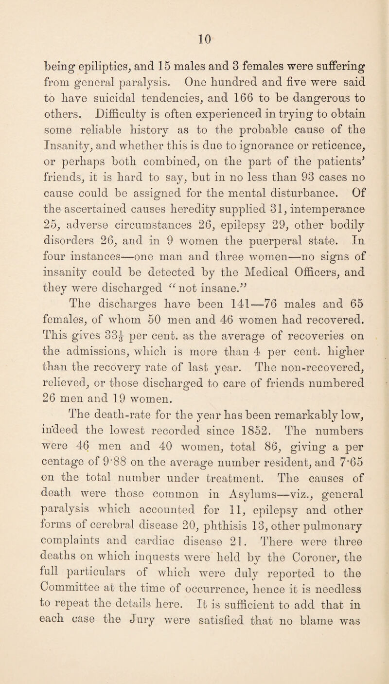 being epiliptics, and 15 males and 3 females were suffering from general paralysis. One hundred and five were said to have suicidal tendencies, and 166 to be dangerous to others. Difficulty is often experienced in trying to obtain some reliable history as to the probable cause of the Insanity, and whether this is due to ignorance or reticence, or perhaps both combined, on the part of the patients* friends, it is hard to say, but in no less than 93 cases no cause could be assigned for the mental disturbance. Of the ascertained causes heredity supplied 31, intemperance 25, adverse circumstances 26, epilepsy 29, other bodily disorders 26, and in 9 women the puerperal state. In four instances—one man and three women—no signs of insanity could be detected by the Medical Officers, and they were discharged “ not insane.** The discharges have been 141-—76 males and 65 females, of whom 50 men and 46 women had recovered. This gives 33J per cent, as the average of recoveries on the admissions, which is more than 4 per cent, higher than the recovery rate of last year. The non-recovered, relieved, or those discharged to care of friends numbered 26 men and 19 women. The death-rate for the year has been remarkably low, indeed the lowest recorded since 1852. The numbers were 46 men and 40 women, total 86, giving a per centage of 9‘88 on the average number resident, and 7‘65 on the total number under treatment. The causes of death were those common in Asylums—viz., general paralysis which accounted for 11, epilepsy and other forms of cerebral disease 20, phthisis 13, other pulmonary complaints and cardiac disease 21. There were three deaths on which inquests were held by the Coroner, the full particulars of which were duly reported to the Committee at the time of occurrence, hence it is needless to repeat the details here. It is sufficient to add that in each case the Jury were satisfied that no blame was