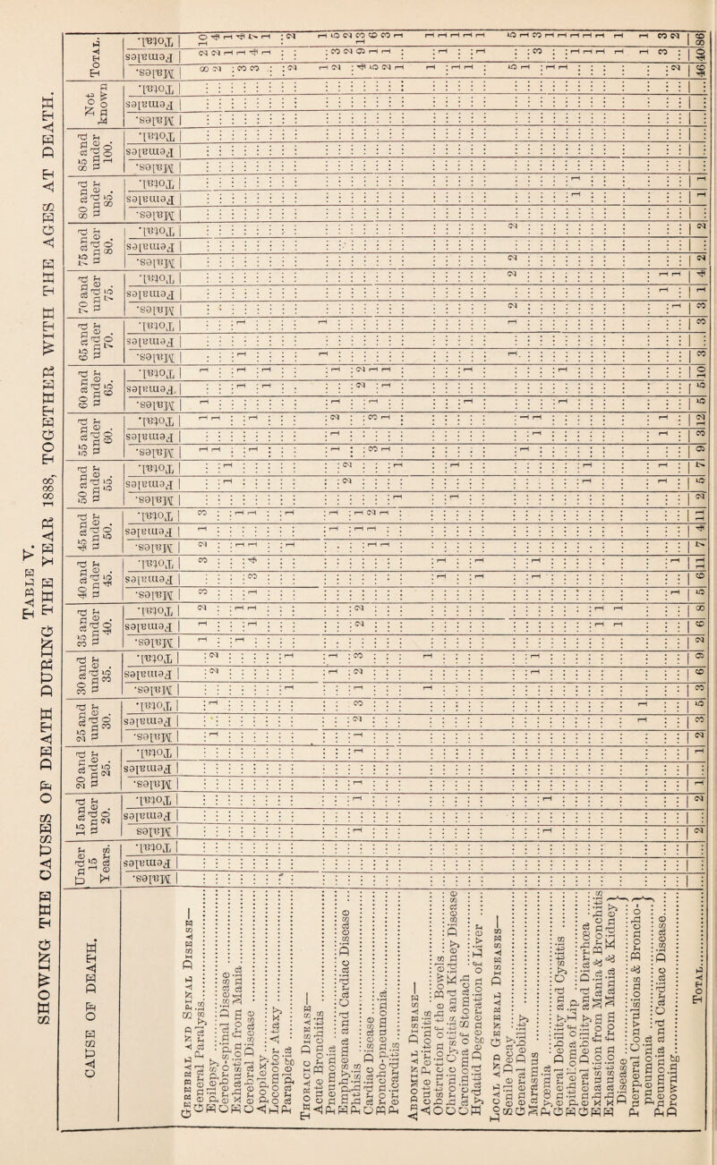 SHOWING THE CAUSES OF DEATH DURING THE YEAR 1888, TOGETHER WITH THE AGES AT DEATH. -[1330,1, | O TP rl ^ t- rH (M H O N CO CD CO H rH H H H H iOHCOHHHHH rH rH CON I CD rH 1 CO •soiuh | 00 ^ 1 tF Not known T'Kloj, | 1 i sgpjuig^ | 1 i •saiUK | 1 : 85 and under 100. 'U1°lL 1 1 i S3[BU19J | 1 : ■soium | 1 i 80 and under 85. •mojQ | 1 1—1 S9[BU19J | 1 ^ •soiUH | 75 and under 80. •WOJL 1 S9[13U19^ | ■891'BH 1 1 ^ 70 and under 75. •um 1 S3[BLU9^; | rH ; 1 H •Baraw 1 65 and under 70. T'b1°lL 1 S3[BU19J | ■S0[UJAJ I 60 and under 65. S9[BUI9^ [ i ; •sei^H | 1-1 55 and under 60. •m°T 1 rH M S9[BU13^J | i i •sapepf | 1-11-1 | Oi 50 and under 55. 'mojj | 1 ^ S9[BIU3l3 | ; •souh 1 45 and under 50. T'BIOX 1 M 1 3 S9[BU10^J 1 pH i—1 rH rH * 1 ^ •S3[Upf | w 1 ^ 40 and under 45. •I'BIOJ, | 00 rH rH rH ^ 1 3 S9[THU9J | j CO rH rH rH : 1 50 •S8I13H | 00 rH H 1 IQ 35 and under 40. *WOI | M rH rH CM rH rH 1 00 saiRUigj | M ; rH CM rH rH I CD •soiujvt | 1-1 rH ; 1 (M 30 and under 35. Tem | CM rH rH CO rH rH 1 C5 S9[BUI9J | CM rH CM rH 1 •seiuM | rH rH rH | CO 25 and under 30. •ui°x 1 rH CO rH I LO S9[BUI9J | *; (M rH I CO •S0[UM | i—i H 1 ^ 20 and under 25. T'b1°Jj 1 rH 1 rH S9[BU19^; I •S9IUH 1 rH 1 M 15 and under 20. •moi 1 rH rH | CM S3[BU19J | ; | : saiUK | rH rH 1 CM Under 15 Years. •m°iL 1 I ! S9[BUI9j[ | 1 : •S9IUW | 1 i CAUSE OF DEATH. Gerebral and Spinal Disease— General Paralysis. Epilepsy . Cerebro-spinal Disease . Exhaustion from Mania. Cerebral Disease . Apoplexy. Locomotor Ataxy. Paraplegia . Thoracic Disease— Acute Bronchitis . Pneumonia . Emphysema and Cardiac Disease ... Phthisis ... Cardiac Disease. Broncho-pneumonia. Pericarditis. 1 m GO M o -< o fe PL, a a> ° H Obstruction of the Bowels. Chronic Cystitis and Kidney Disease Carcinoma of Stomach . Hydatid Degeneration of Liver . Local and General Diseases— Senile Decay . General Debility . Marasmus . Pyoemia . General Debility and Cystitis . Epithelioma of Lip . General Debility and Diarrhoea . Exhaustion from Mania & Bronchitis Exhaustion from Mania & Kidney \ • i : o Ird • o • a : o • £h : go : 3 ; #0 : *oq . rH : P : > : d • o :cr; o’g 3 © 8 gu H rH r Ph jyU.OU.i.LJLWJJL.LCL .J Pneumonia and Cardiac Disease. Drowning. Total.