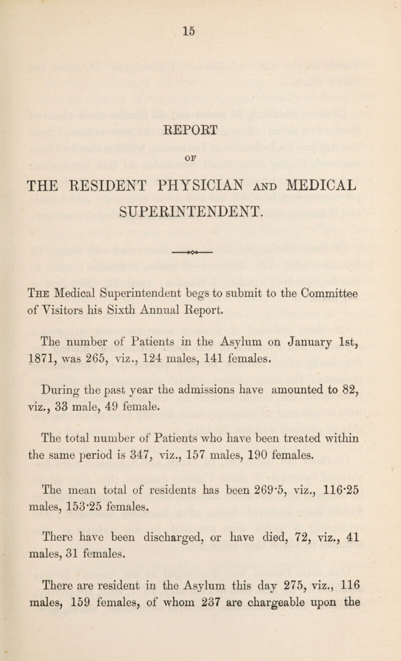 EEPOET OF THE EESIDENT PHYSICIAN and MEDICAL SUPERINTENDENT. The Medical Superintendent begs to submit to the Committee of Visitors his Sixth Annual Eeport. The number of Patients in the Asylum on January Ist, 1871, was 265, viz., 124 males, 141 females. During the past year the admissions have amounted to 82, viz., 33 male, 49 female. The total number of Patients who have been treated within the same period is 347, viz., 157 males, 190 females. The mean total of residents has been 269*5, viz., 116*25 males, 153*25 females. There have been discharged, or have died, 72, viz., 41 males, 31 females. There are resident in the Asylum this day 275, viz., 116 males, 159 females, of whom 237 are chargeable upon the