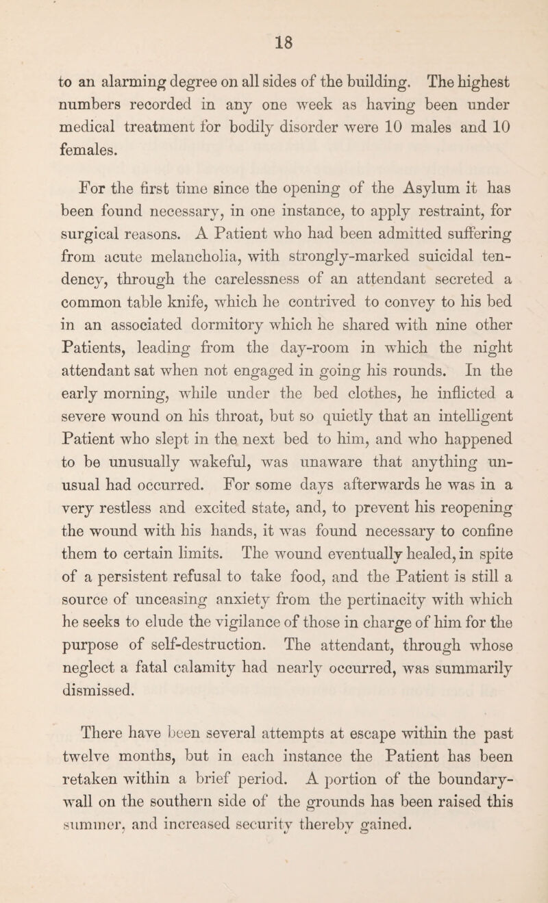 to an alarming degree on all sides of the building. The highest numbers recorded in any one week as having been under medical treatment for bodily disorder were 10 males and 10 females. For the first time since the opening of the Asylum it has been found necessaryj in one instance, to apply restraint, for surgical reasons. A Patient who had been admitted suffering from acute melancholia, with strongly-marked suicidal ten¬ dency, through the carelessness of an attendant secreted a common table knife, which he contrived to convey to his bed in an associated dormitory which he shared with nine other Patients, leading from the day-room in which the night attendant sat when not engaged in going his rounds. In the early morning, while under the bed clothes, he inflicted a severe wound on his throat, but so quietly that an intelligent Patient who slept in the next bed to him, and who happened to be unusually wakeful, was unaware that anything un¬ usual had occurred. For some days afterwards he was in a very restless and excited state, and, to prevent his reopening the wound with his hands, it was found necessary to confine them to certain limits. The wound eventually healed, in spite of a persistent refusal to take food, and the Patient is still a source of unceasing anxiety from the pertinacity with which he seeks to elude the vigilance of those in charge of him for the purpose of self-destruction. The attendant, through whose neglect a fatal calamity had nearly occurred, was summarily dismissed. There have been several attempts at escape within the past twelve months, but in each instance the Patient has been retaken within a brief period. A portion of the boundary- wall on the southern side of the rounds has been raised this summer, and increased securitv therebv gained. / •/ t.