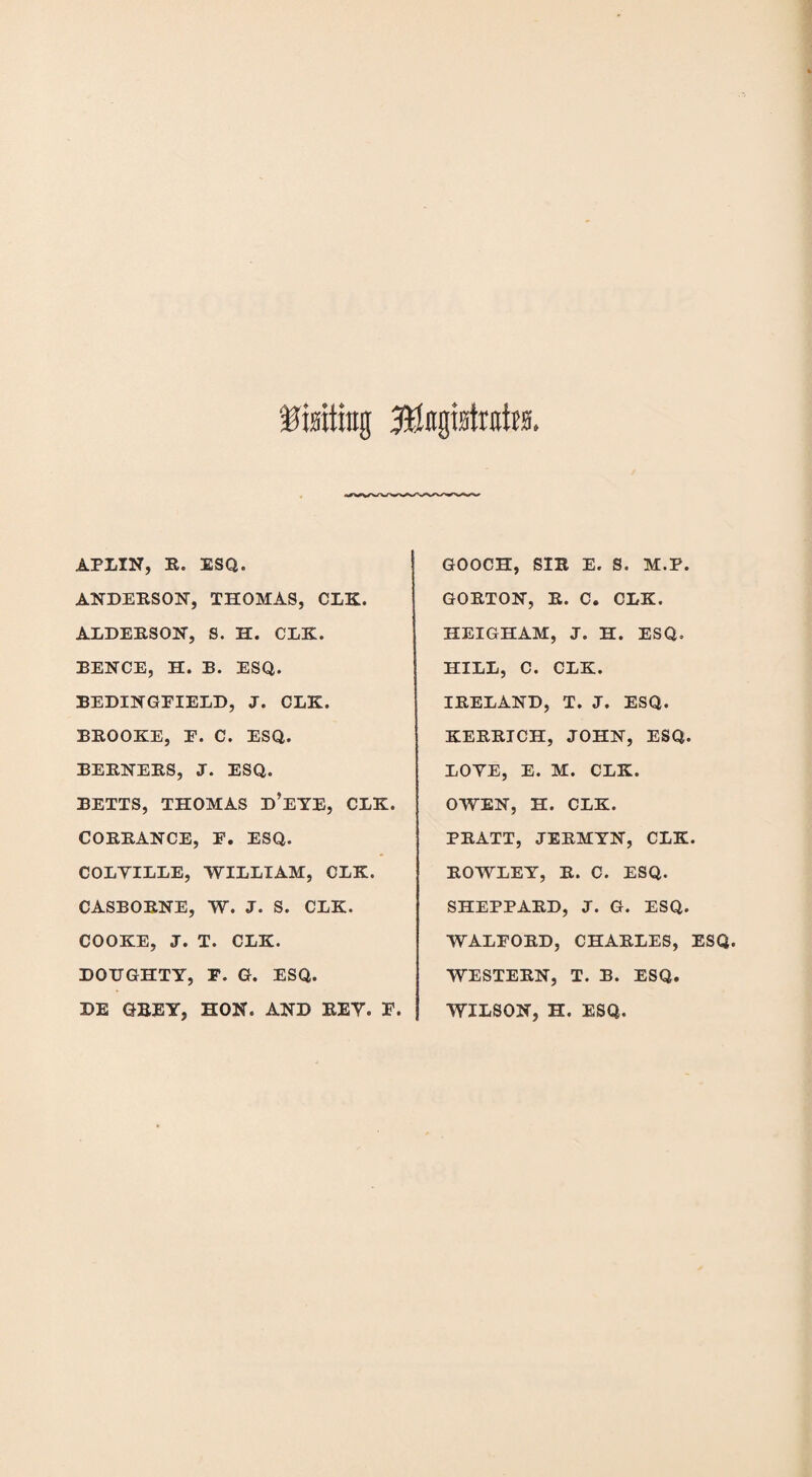 Crating 3B(igistnrtfs. APLIN, R. ESQ. ANDERSON, THOMAS, CLK. AEDERSON, S. H. CLK. BENCE, H. B. ESQ. BEDINGFIELD, J. CLK. BROOKE, E. C. ESQ. BERNERS, J. ESQ. BETTS, THOMAS D’EYE, CLK. CORRANCE, E. ESQ. COLYILLE, WILLIAM, CLK. CASBORNE, W. J. S. CLK. COOKE, J. T. CLK. DOUGHTY, E. G. ESQ. DE GREY, HON. AND REY. E. GOOCH, SIR E. S. M.P. GORTON, R. C. CLK. HEIGHAM, J. H. ESQ. HILL, C. CLK. IRELAND, T. J. ESQ. KERRICH, JOHN, ESQ. LOYE, E. M. CLK. OWEN, H. CLK. PRATT, JERMYN, CLK. ROWLEY, R. C. ESQ. SHEPPARD, J. G. ESQ. WALEORD, CHARLES, ESQ. WESTERN, T. B. ESQ. WILSON, H. ESQ.