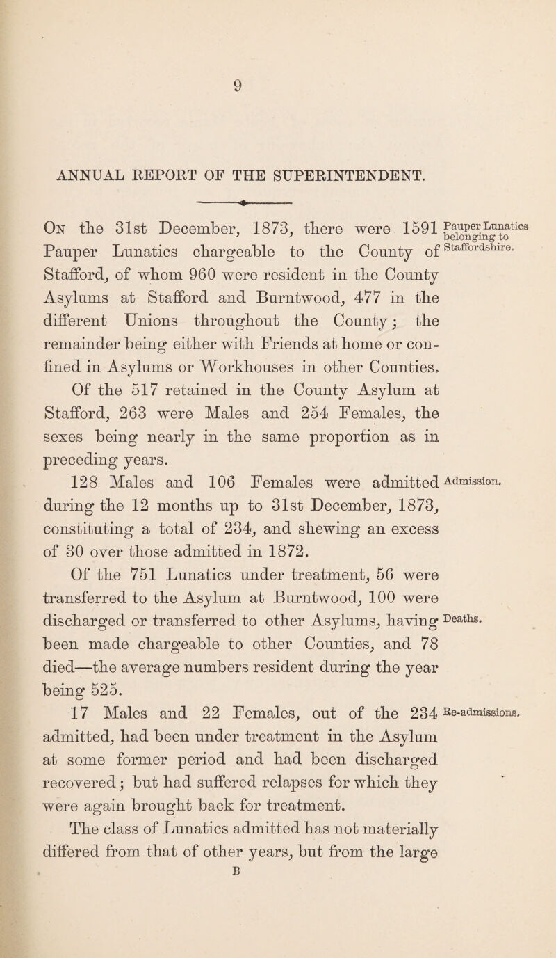 ANNUAL REPORT OF THE SUPERINTENDENT. -«- On tlie 31st December. 1873, there were 1591 Pauper Lunatics Pauper Lunatics chargeable to the County ofstaffordshire- Stafford, of whom 960 were resident in the County Asylums at Stafford and Burntwood, 477 in the different Unions throughout the County; the remainder being either with Friends at home or con¬ fined in Asylums or Workhouses in other Counties. Of the 517 retained in the County Asylum at Stafford, 263 were Males and 254 Females, the sexes being nearly in the same proportion as in preceding years. 128 Males and 106 Females were admitted Admission, during the 12 months up to 31st December, 1873, constituting a total of 234, and shewing an excess of 30 oyer those admitted in 1872. Of the 751 Lunatics under treatment, 56 were transferred to the Asylum at Burntwood, 100 were discharged or transferred to other Asylums, haying deaths, been made chargeable to other Counties, and 78 died—the average numbers resident during the year being 525. 17 Males and 22 Females, out of the 234 Re-admissions, admitted, had been under treatment in the Asylum at some former period and had been discharged recovered; but had suffered relapses for which they were again brought back for treatment. The class of Lunatics admitted has not materially differed from that of other years, but from the large B
