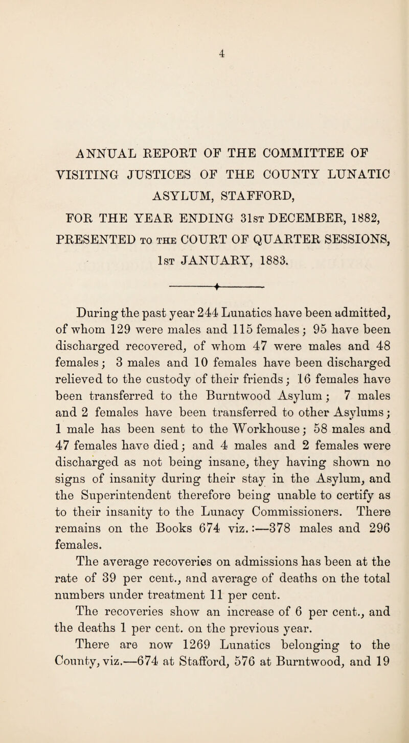 ANNUAL EEPOET OF THE COMMITTEE OF VISITING JUSTICES OF THE COUNTY LUNATIC ASYLUM, STAFFOED, FOE THE YEAE ENDING 31st DECEMBEE, 1882, PEESENTED to the COUET OF QUAETEE SESSIONS, 1st JANUAEY, 1883. --1--— During tlie past year 244 Lunatics have been admitted, of whom 129 were males and 115 females; 95 have been discharged recovered, of whom 47 were males and 48 females; 3 males and 10 females have been discharged relieved to the custody of their friends; 16 females have been transferred to the Burntwood Asylum; 7 males and 2 females have been transferred to other Asvlums; 1 male has been sent to the Workhouse; 58 males and 47 females have died; and 4 males and 2 females were discharged as not being insane, they having shown no signs of insanity during their stay in the Asylum, and the Superintendent therefore being unable to certify as to their insanity to the Lunacy Commissioners. There remains on the Books 674 viz.:—378 males and 296 females. The average recoveries on admissions has been at the rate of 39 per cent., and average of deaths on the total numbers under treatment 11 per cent. The recoveries show an increase of 6 per cent., and the deaths 1 per cent, on the previous year. There are now 1269 Lunatics belonging to the County, viz.—674 at Stafford, 576 at Burntwood, and 19