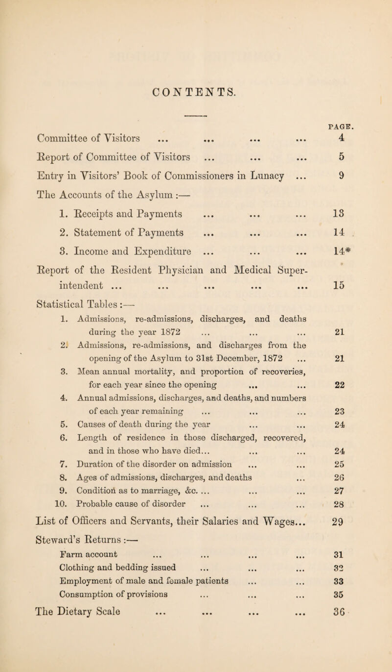 CONTENTS. PAGE Committee of Visitors ... ... ... ... 4 Report of Committee of Visitors ... ... ... 5 Entry in Visitors’ Book of Commissioners in Lunacy ... 9 The Accounts of the Asylum :—- 1. Receipts and Payments • • 0 • • • 13 2. Statement of Payments • • • • • • 14 3. Income and Expenditure • • • • • • 14* Report of the Resident Physician and intendent ... Medical Super- • • • • • • 15 Statistical Tables :—■ 1. Admissions, re-admissions, discharges, and deaths daring the year 1872 2. Admissions, re-admissions, and discharges from the opening of the Asylum to 31st December, 1872 3. Mean annual mortality, and proportion of recoveries, for each year since the opening ... 4. Annual admissions, discharges, and deaths, and numbers of each year remaining 5. Causes of death during the year 6. Length of residence in those discharged, recovered, and in those who have died... 7. Duration of the disorder on admission 8. Ages of admissions, discharges, and deaths 9. Condition as to marriage, &c. ... 10. Probable cause of disorder List of Officers and Servants, their Salaries and Wages... Steward’s Returns :—• Farm account Clothing and bedding issued Employment of male and female patients Consumption of provisions The Dietary Scale 21 21 22 23 24 24 25 26 27 28 29 31 32 33 35 36