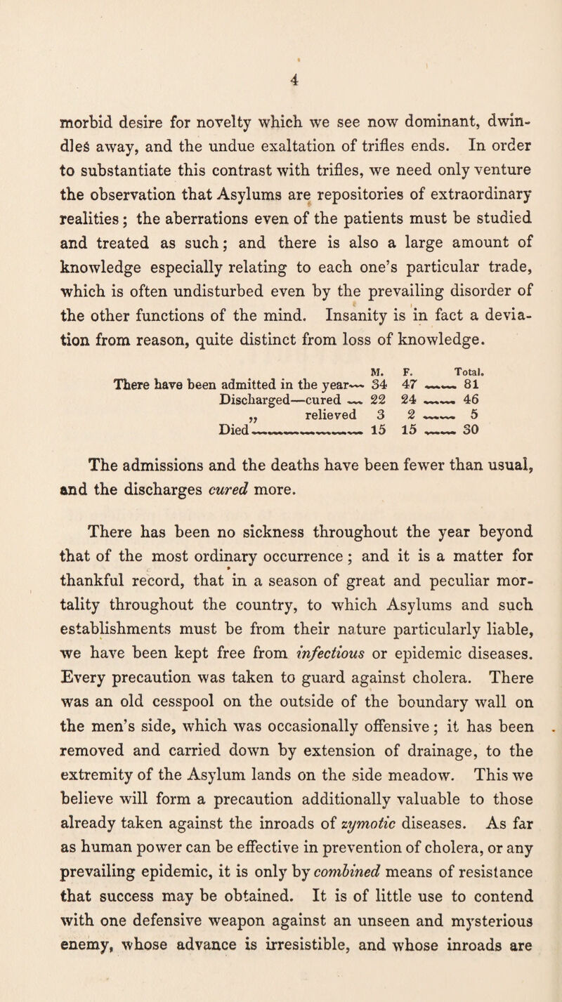 morbid desire for novelty which we see now dominant, dwin¬ dles away, and the undue exaltation of trifles ends. In order to substantiate this contrast with trifles, we need only venture the observation that Asylums are repositories of extraordinary realities; the aberrations even of the patients must be studied and treated as such; and there is also a large amount of knowledge especially relating to each one’s particular trade, which is often undisturbed even by the prevailing disorder of the other functions of the mind. Insanity is in fact a devia¬ tion from reason, quite distinct from loss of knowledge. M. F. Total. There have been admitted in the year'— 34 47 —.— 81 Discharged—cured —* 22 24 . 46 „ relieved 3 2 ..—. 5 Died-.*___15 15 „_30 The admissions and the deaths have been fewer than usual, and the discharges cured more. There has been no sickness throughout the year beyond that of the most ordinary occurrence; and it is a matter for 9 thankful record, that in a season of great and peculiar mor¬ tality throughout the country, to which Asylums and such establishments must be from their nature particularly liable, we have been kept free from infectious or epidemic diseases. Every precaution was taken to guard against cholera. There was an old cesspool on the outside of the boundary wall on the men’s side, which was occasionally offensive; it has been removed and carried down by extension of drainage, to the extremity of the Asylum lands on the side meadow. This we believe will form a precaution additionally valuable to those already taken against the inroads of zymotic diseases. As far as human power can be effective in prevention of cholera, or any prevailing epidemic, it is only by combined means of resistance that success may be obtained. It is of little use to contend with one defensive weapon against an unseen and mysterious enemy, whose advance is irresistible, and whose inroads are