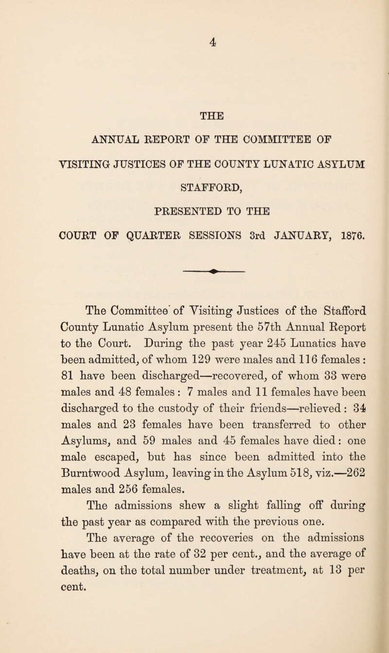 THE ANNUAL REPORT OF THE COMMITTEE OF VISITING JUSTICES OF THE COUNTY LUNATIC ASYLUM STAFFORD, PRESENTED TO THE COURT OF QUARTER SESSIONS 3rd JANUARY, 1876. The Committee'of Visiting Justices of the Stafford County Lunatic Asylum present the 57th Annual Report to the Court. During the past year 245 Lunatics have been admitted, of whom 129 were males and 116 females : 81 have been discharged—recovered, of whom 33 were males and 48 females : 7 males and 11 females have been discharged to the custody of their friends—relieved : 34 males and 23 females have been transferred to other Asylums, and 59 males and 45 females have died: one male escaped, but has since been admitted into the Burntwood Asylum, leaving in the Asylum 518, viz.—262 males and 256 females. The admissions shew a slight falling off during the past year as compared with the previous one. The average of the recoveries on the admissions have been at the rate of 32 per cent., and the average of deaths, on the total number under treatment, at 13 per cent.