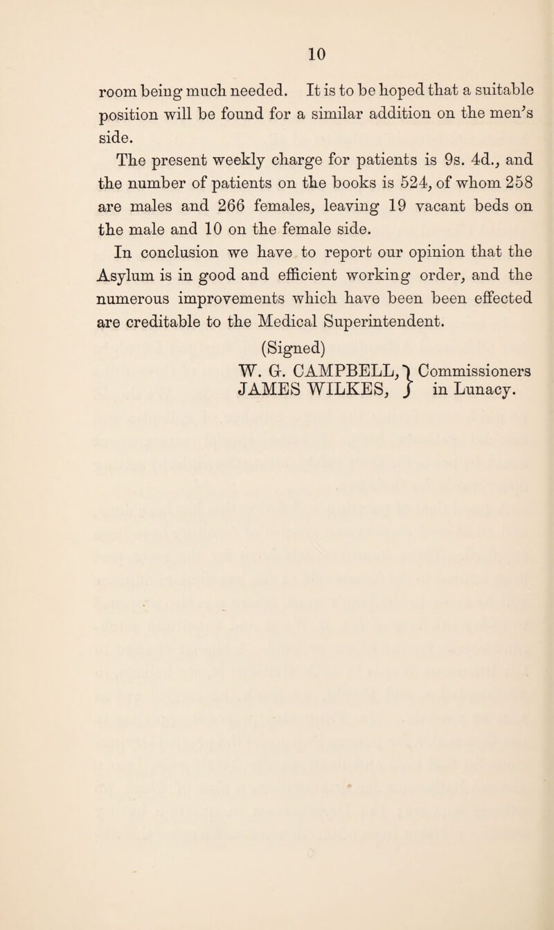 room being much needed. It is to be hoped that a suitable position will be found for a similar addition on the men;s side. The present weekly charge for patients is 9s. 4d., and the number of patients on the books is 524, of whom 258 are males and 266 females, leaving 19 vacant beds on the male and 10 on the female side. In conclusion we have to report our opinion that the Asylum is in good and efficient working order, and the numerous improvements which have been been effected are creditable to the Medical Superintendent. (Signed) W. Gf. CAMPBELL, *1 Commissioners JAMES WILKES, J in Lunacy.