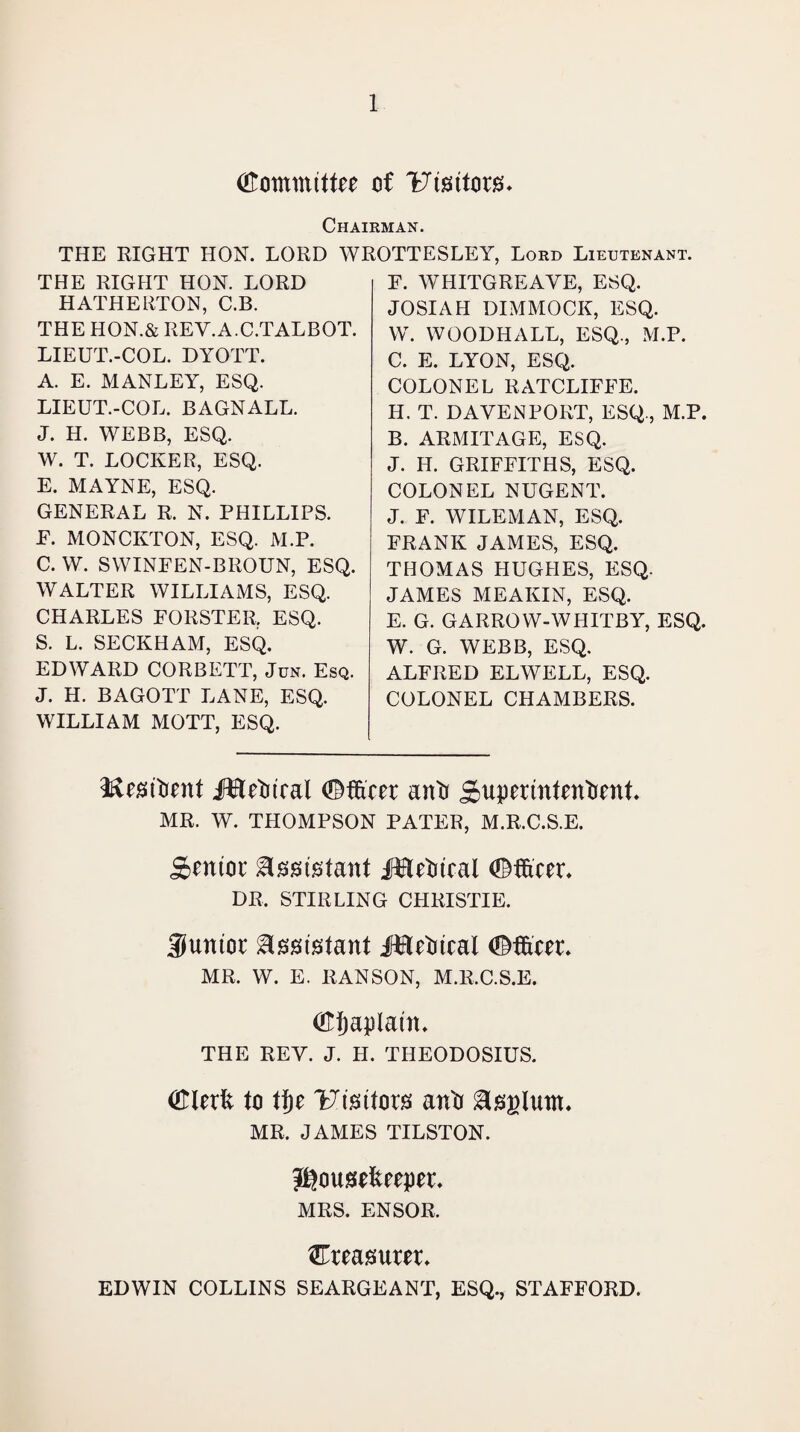 Committee of 'fcTtsttotjL Chairman. THE RIGHT HON. LORD WROTTESLEY, Lord Lieutenant. THE RIGHT HON. LORD HATHERTON, C.B. THE HON.& REV.A.C.TALBOT. LIEUT.-COL. DYOTT. A. E. MANLEY, ESQ. LIEUT.-COL. BAGNALL. J. H. WEBB, ESQ. W. T. LOCKER, ESQ. E. MAYNE, ESQ. GENERAL R. N. PHILLIPS. E. MONCKTON, ESQ. M.P. C. W. SWINFEN-BROUN, ESQ. WALTER WILLIAMS, ESQ. CHARLES FORSTER. ESQ. S. L. SECKHAM, ESQ. EDWARD CORBETT, Jun. Esq. J. H. BAGOTT LANE, ESQ. WILLIAM MOTT, ESQ. F. WHITGREAYE, ESQ. JOSIAH DIMMOCK, ESQ. W. WOODHALL, ESQ., M.P. C. E. LYON, ESQ. COLONEL RATCLIFFE. H. T. DAVENPORT, ESQ., M.P. B. ARMITAGE, ESQ. J. H. GRIFFITHS, ESQ. COLONEL NUGENT. J. F. WILEMAN, ESQ. FRANK JAMES, ESQ. THOMAS HUGHES, ESQ. JAMES MEAKIN, ESQ. E. G. GARROW-WHITBY, ESQ. W. G. WEBB, ESQ. ALFRED EL WELL, ESQ. COLONEL CHAMBERS. iftesttont fBetucal (©ffrcer anft Supermtontont MR. W. THOMPSON PATER, M.R.C.S.E. Sentot* Assistant jHefttcal ©ffrceu DR, STIRLING CHRISTIE. junior ^sststant jftfloteal MR. W. E. RANSON, M.R.C.S.E. (HfjaplattL THE REV. J. H. THEODOSIUS. (Eletfe to ff)v IJtmtors anft &££lunt. MR. JAMES TILSTON. j^ousefceeper. MRS. ENSOR. Cteasum*. EDWIN COLLINS SEARGEANT, ESQ., STAFFORD.