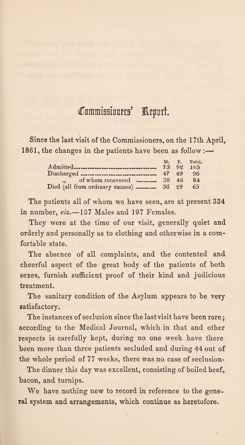 Conunissinnra' Etpart. Since the last visit of the Commissioners, on the 17th April, 1861, the changes in the patients have been as follow M. F. Total. Admitted^-.—-.-- 73 92 165 Discharged *---47 49 96 ,, of whom recovered ~~—^ 38 46 84 Died (all from ordinary causes) ——.— 36 29 65 The patients all of whom we have seen, are at present 334 in number, viz.-—137 Males and 197 Females. They were at the time of our visit, generally quiet and i orderly and personally as to clothing and otherwise in a com¬ fortable state. The absence of all complaints, and the contented and cheerful aspect of the great body of the patients of both sexes, furnish sufficient proof of their kind and judicious treatment. The sanitary condition of the Asylum appears to be very satisfactory. The instances of seclusion since the last visit have been rare; according to the Medical Journal, which in that and other respects is carefully kept, during no one week have there been more than three patients secluded and during 44 out of the whole period of 77 weeks, there was no case of seclusion* The dinner this day was excellent, consisting of boiled beef., bacon, and turnips. We have nothing new to record in reference to the gene¬ ral system and arrangements, which continue as heretofore.
