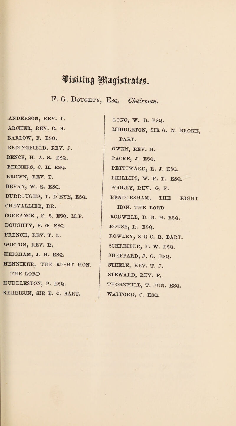 f isitiug UKagWratiw. F. Gk Doughty, Esq. Chairman. ANDERSON, REV. T. ARCHER, REV. C. G. BARLOW, F. ESQ. BEDINGFIELD, REY. J. BENCE, H. A. S. ESQ. BERNERS, C. H. ESQ. BROWN, REY. T. BEYAN, W. R. ESQ. BURROUGHS, T. D’EYE, ESQ. CHEYALLIER, DR. CORRANCE , F. S. ESQ. M.P. DOUGHTY, F. G. ESQ. FRENCH, REY. T. L. GORTON, REY. R. HEIGHAM, J. H. ESQ. HENNIKER, THE RIGHT HON. THE LORD HUDDLESTON, P. ESQ. KERRISON, SIR E. C. BART, LONG, W. B. ESQ. MIDDLETON, SIR G. N. BROKE BART. OWEN, REY. H. PACKE, J. ESQ. PETTIWARD, R. J. ESQ. PHILLIPS, W. P. T. ESQ. POOLEY, REY. G. F. RENDLESHAM, THE RIGHT HON. THE LORD RODWELL, B. B. H. ESQ. ROUSE, R. ESQ. ROWLEY, SIR C. R. BART. SCHREIBER, F. W. ESQ. SHEPPARD, J. G. ESQ. STEELE, REY. T. J. STEWARD, REY. F. THORNHILL, T. JUN. ESQ. WALFORD, C. ESQ.