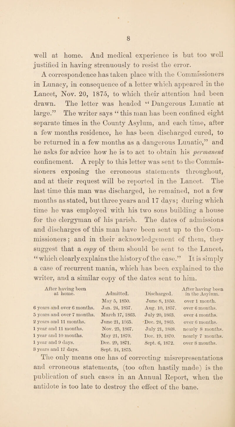 well at home. And medical experience is hut too well justified in having strenuously to resist the error. A correspondence has taken place with the Commissioners in Lunacy, in consequence of a letter which appeared in the Lancet, Nov. 20, 1875, to which their attention had been drawn. The letter was headed “ Dangerous Lunatic at large.” The writer says “ this man has been confined eight separate times in the County Asylum, and each time, after a few months residence, he has been discharged cured, to be returned in a few months as a dangerous Lunatic,” and he asks for advice how he is to act to obtain his permanent confinement. A reply to this letter was sent to the Commis¬ sioners exposing the erroneous statements throughout, and at their request will be reported in the Lancet. The last time this man was discharged, he remained, not a few months as stated, but three years and 17 days; during which time he was employed with his two sons building a house for the clergyman of his parish. The dates of admissions and discharges of this man have been sent up to the Com¬ missioners ; and in their acknowledgement of them, they suggest that a copy of them should be sent to the Lancet, 5‘ which clearly explains the history of the case. ’’ It is simply a case of recurrent mania, which has been explained to the writer, and a similar copy of the dates sent to him. After having been at home. Admitted. May 5, 1850. 6 years and over 6 months. Jan. 24, 1857. 5 years and over 7 months. March 17, 1863 2 years and 11 months. June 21, 1S65. 1 year and 11 months. Nov. 25, 1867. 1 year and 10 months. May 21, 1870. 1 year and 9 days. Dec. 29, 1871. 3 years and 17 days. Sept. 24,1875. After having been Discharged. in the Asylum. June 8, 1850. over 1 month. Aug. 10, 1857. over 6 months. July 20, 1S63. over 4 months. Dec. 24, 1S65. over 6 months. July 21, 1S68. nearly 8 months. Dee. 19, 1S70. nearly 7 months. Sept. 6, 1872. over 8 months. The only means one has of correcting misrepresentations and erroneous statements, (too often hastily made) is the publication of such cases in an Annual Deport, when the antidote is too late to destroy the effect of the bane.