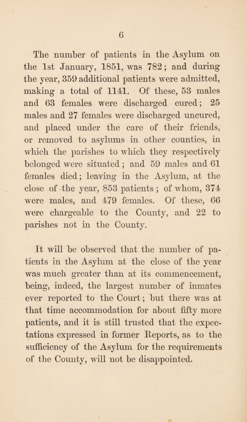 The number of patients in the Asylum on the 1st January, 1851, was 782; and during the year, 359 additional patients were admitted, making a total of 1141. Of these, 53 males and 63 females were discharged cured; 25 males and 27 females were discharged uncured, and placed under the care of their friends, or removed to asylums in other counties, in which the parishes to which they respectively belonged were situated; and 59 males and 61 females died; leaving in the Asylum, at the close of the year, 853 patients ; of whom, 374 were males, and 479 females. Of these, 66 were chargeable to the County, and 22 to parishes not in the County. It will be observed that the number of pa¬ tients in the Asylum at the close of the year was much greater than at its commencement, being, indeed, the largest number of inmates ever reported to the Court; but there was at that time accommodation for about fifty more patients, and it is still trusted that the expec¬ tations expressed in former Reports, as to the sufficiency of the Asylum for the requirements of the County, will not be disappointed.