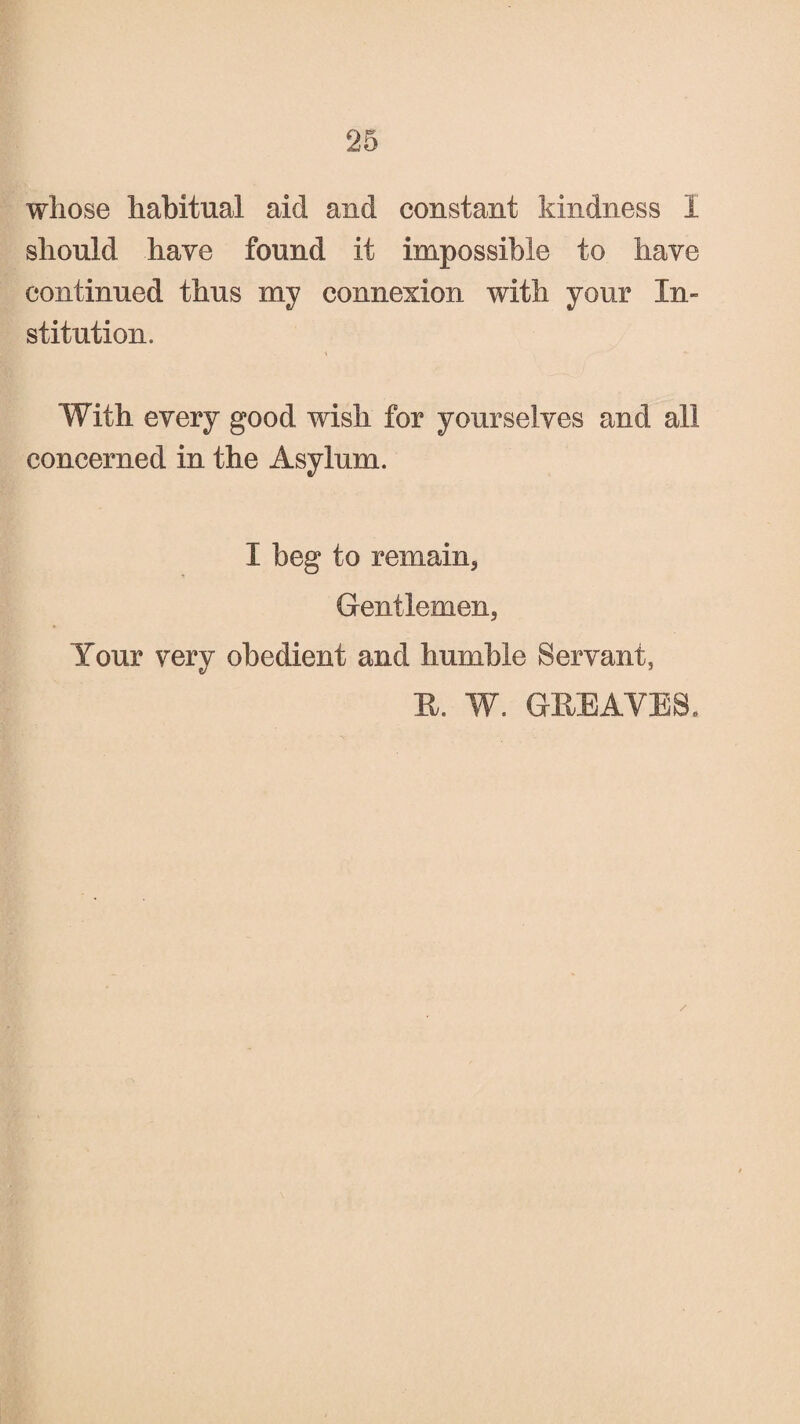 whose habitual aid and constant kindness I should have found it impossible to have continued thus my connexion with your In¬ stitution. * With every good wish for yourselves and all concerned in the Asylum. I beg to remain* Gentlemen, Your very obedient and humble Servant, B, W. GREAVES, /