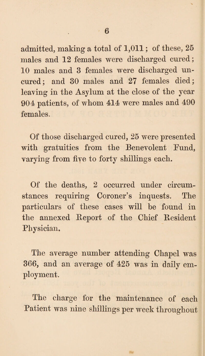 admitted, making a total of 1,011; of these, 25 males and 12 females were discharged cured; 10 males and 3 females were discharged un¬ cured ; and 30 males and 27 females died; leaving in the Asylum at the close of the year 904 patients, of whom 414 were males and 490 females. Of those discharged cured, 25 were presented with gratuities from the Benevolent Bund, varying from five to forty shillings each. Of the deaths, 2 occurred under circum¬ stances requiring Coroner’s inquests. The particulars of these cases will be found in the annexed Beport of the Chief Besident Physician, The average number attending Chapel was 366, and an average of 425 was in daily em¬ ployment. The charge for the maintenance of each Patient was nine shillings per week throughout