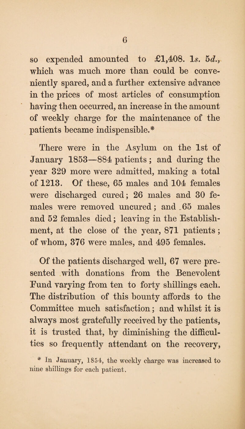 so expended amounted to £1,408. Is. 5d., which was much more than could he conve¬ niently spared, and a further extensive advance in the prices of most articles of consumption having then occurred, an increase in the amount of weekly charge for the maintenance of the patients became indispensible.* There were in the Asylum on the 1st of January 1853—884 patients ; and during the year 329 more were admitted, making a total of 1213. Of these, 65 males and 104 females were discharged cured; 26 males and 30 fe¬ males were removed uncured; and _65 males and 52 females died; leaving in the Establish¬ ment, at the close of the year, 871 patients; of whom, 376 were males, and 495 females. Of the patients discharged well, 67 were pre¬ sented with donations from the Benevolent Eund varying from ten to forty shillings each. The distribution of this bounty affords to the Committee much satisfaction; and whilst it is always most gratefully received by the patients, it is trusted that, by diminishing the difficul¬ ties so frequently attendant on the recovery, # In January, 1854, the weekly charge was increased to nine shillings for each patient.