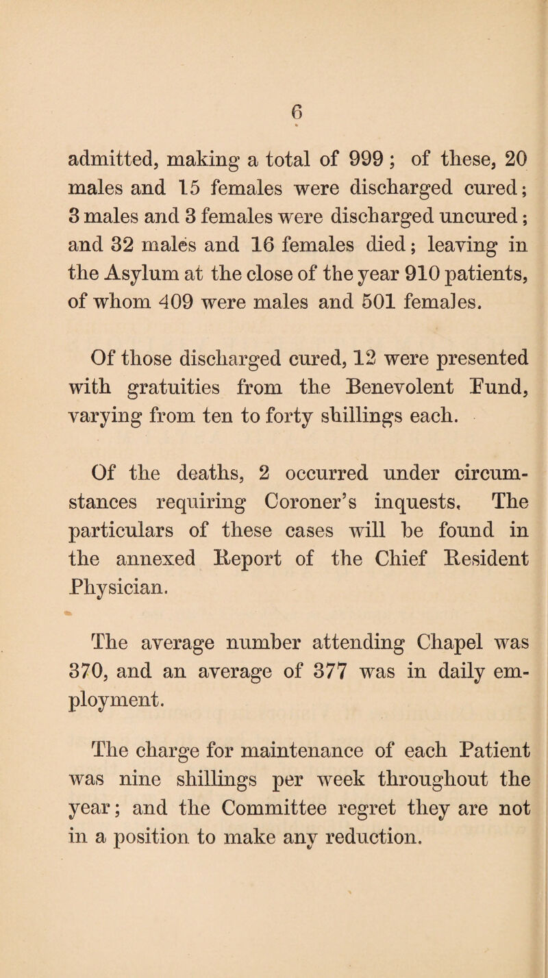 admitted, making a total of 999 ; of these, 20 males and 15 females were discharged cured; 3 males and 3 females were discharged uncured; and 32 males and 16 females died; leaving in the Asylum at the close of the year 910 patients, of whom 409 were males and 501 females. Of those discharged cured, 12 were presented with gratuities from the Benevolent Bund, varying from ten to forty shillings each. Of the deaths, 2 occurred under circum¬ stances requiring Coroner’s inquests. The particulars of these cases will he found in the annexed Report of the Chief Resident Physician. The average number attending Chapel was 370, and an average of 377 was in daily em¬ ployment. The charge for maintenance of each Patient was nine shillings per week throughout the year; and the Committee regret they are not in a position to make any reduction.