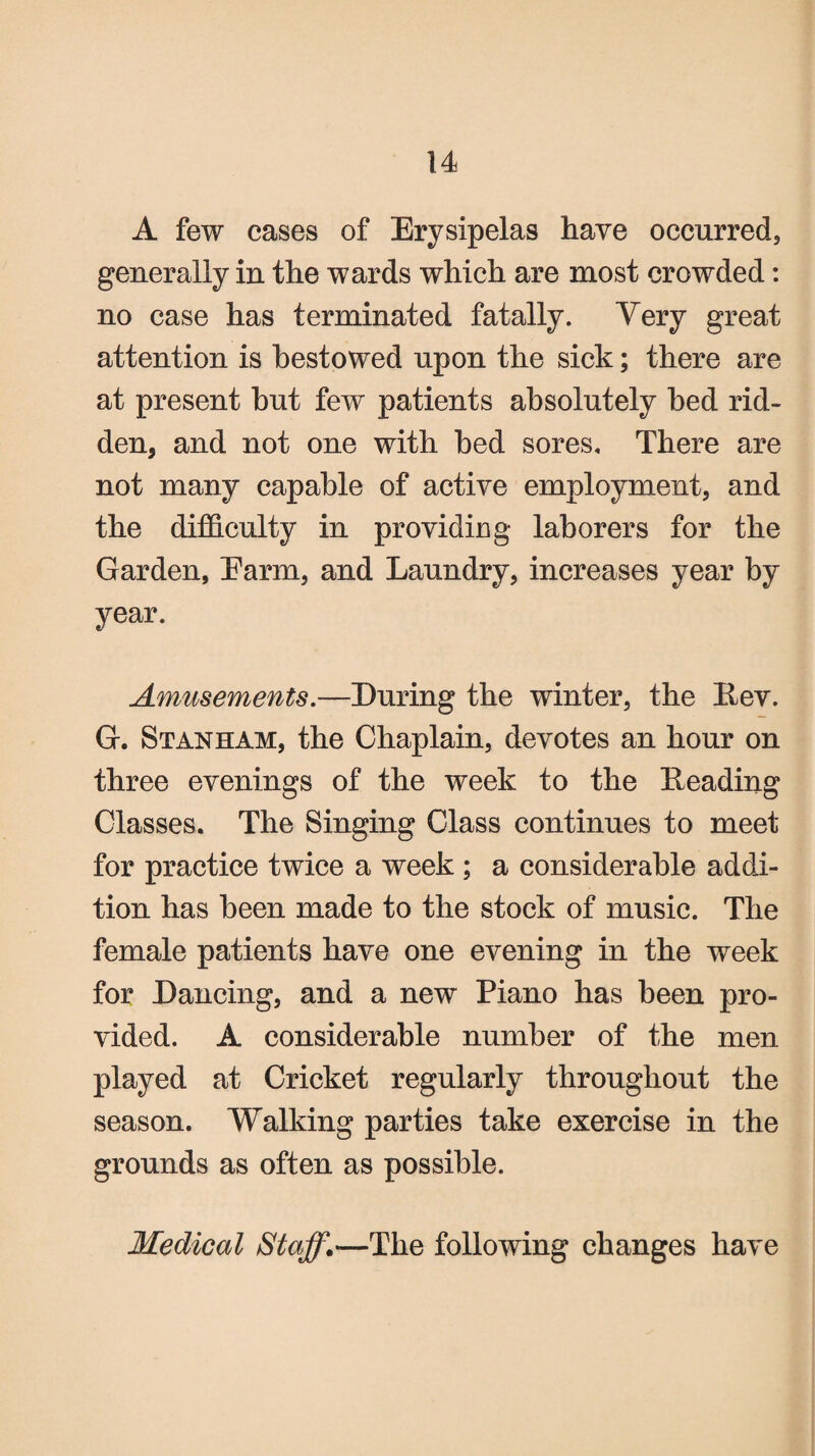 A few cases of Erysipelas have occurred, generally in the wards which are most crowded: no case has terminated fatally. Very great attention is bestowed upon the sick; there are at present hut few patients absolutely bed rid¬ den, and not one with bed sores. There are not many capable of active employment, and the difficulty in providing laborers for the Garden, Earm, and Laundry, increases year by year. Amusements.—During the winter, the Lev. G. Stanham, the Chaplain, devotes an hour on three evenings of the week to the Leading Classes. The Singing Class continues to meet for practice twice a week ; a considerable addi¬ tion has been made to the stock of music. The female patients have one evening in the week for Dancing, and a new Piano has been pro¬ vided. A considerable number of the men played at Cricket regularly throughout the season. Walking parties take exercise in the grounds as often as possible. Medical Staff.*—The following changes have