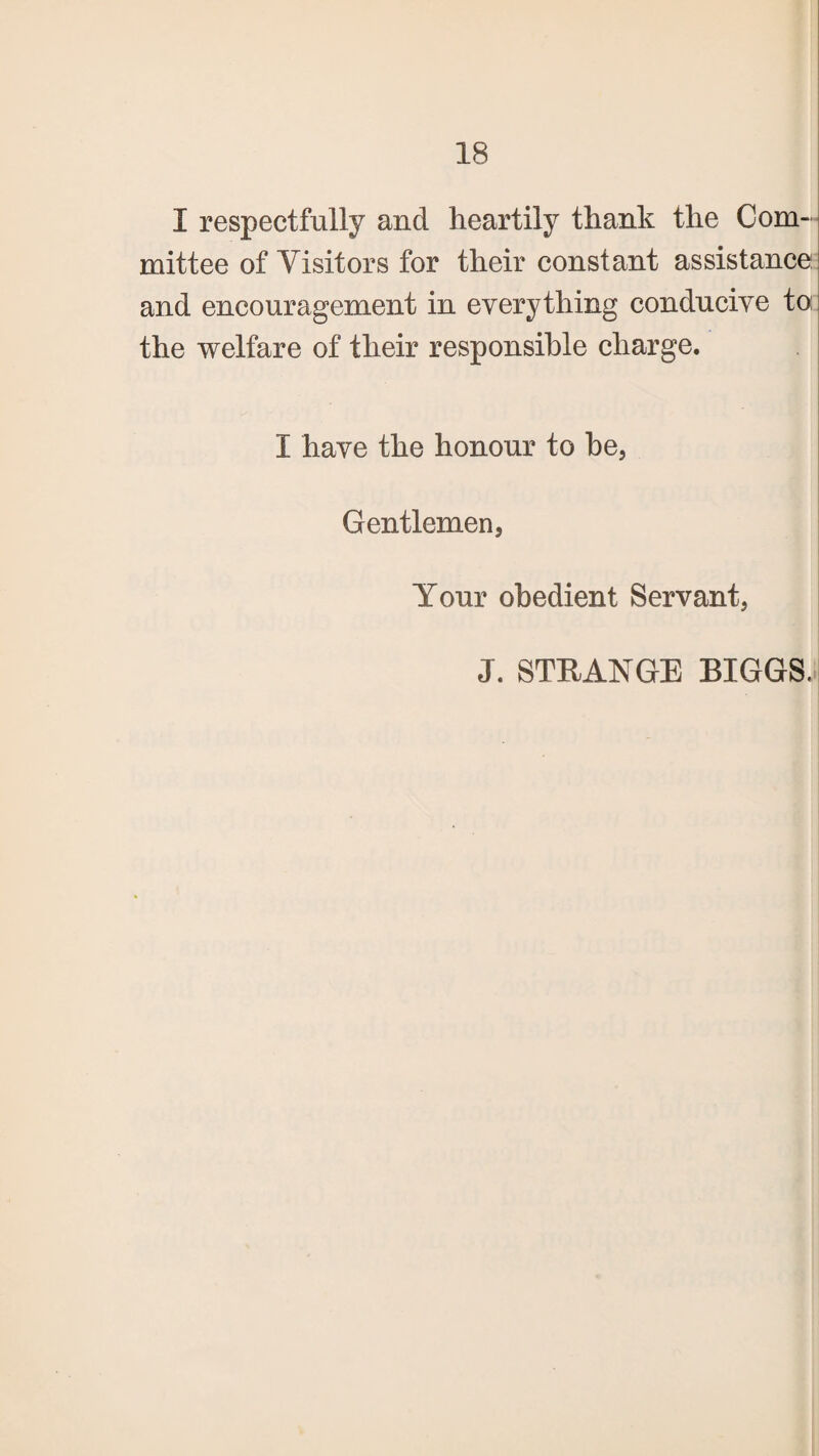 I respectfully and heartily thank the Com¬ mittee of Visitors for their constant assistance and encouragement in everything conducive to: the welfare of their responsible charge. I have the honour to be, Gentlemen, Your obedient Servant, J. STRANGE BIGGS.